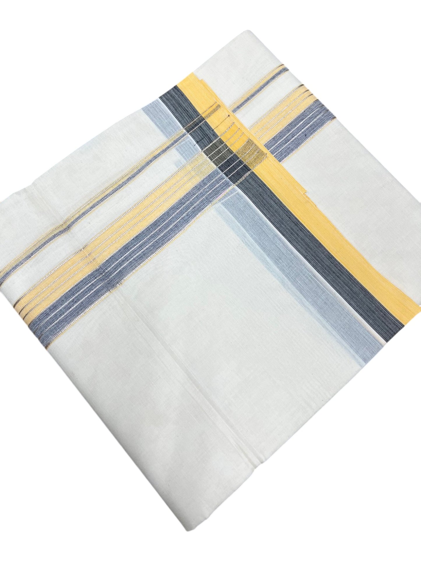 Southloom Kerala Pure Cotton Double Mundu with Grey Lines and Yellow Border with (South Indian Dhoti)