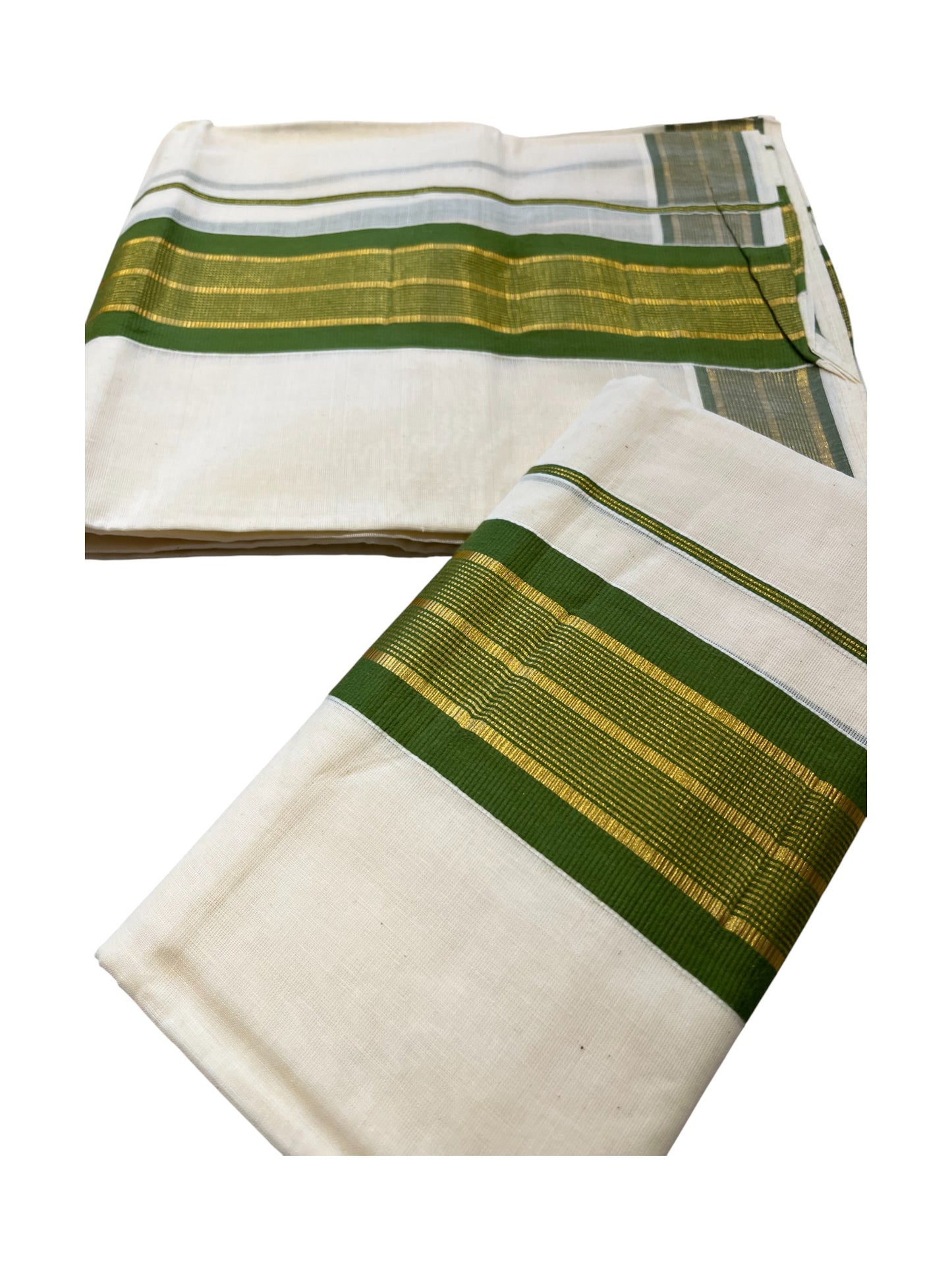 Kerala Cotton Set Mundu (Mundum Neriyathum) with Kasavu and Green Border