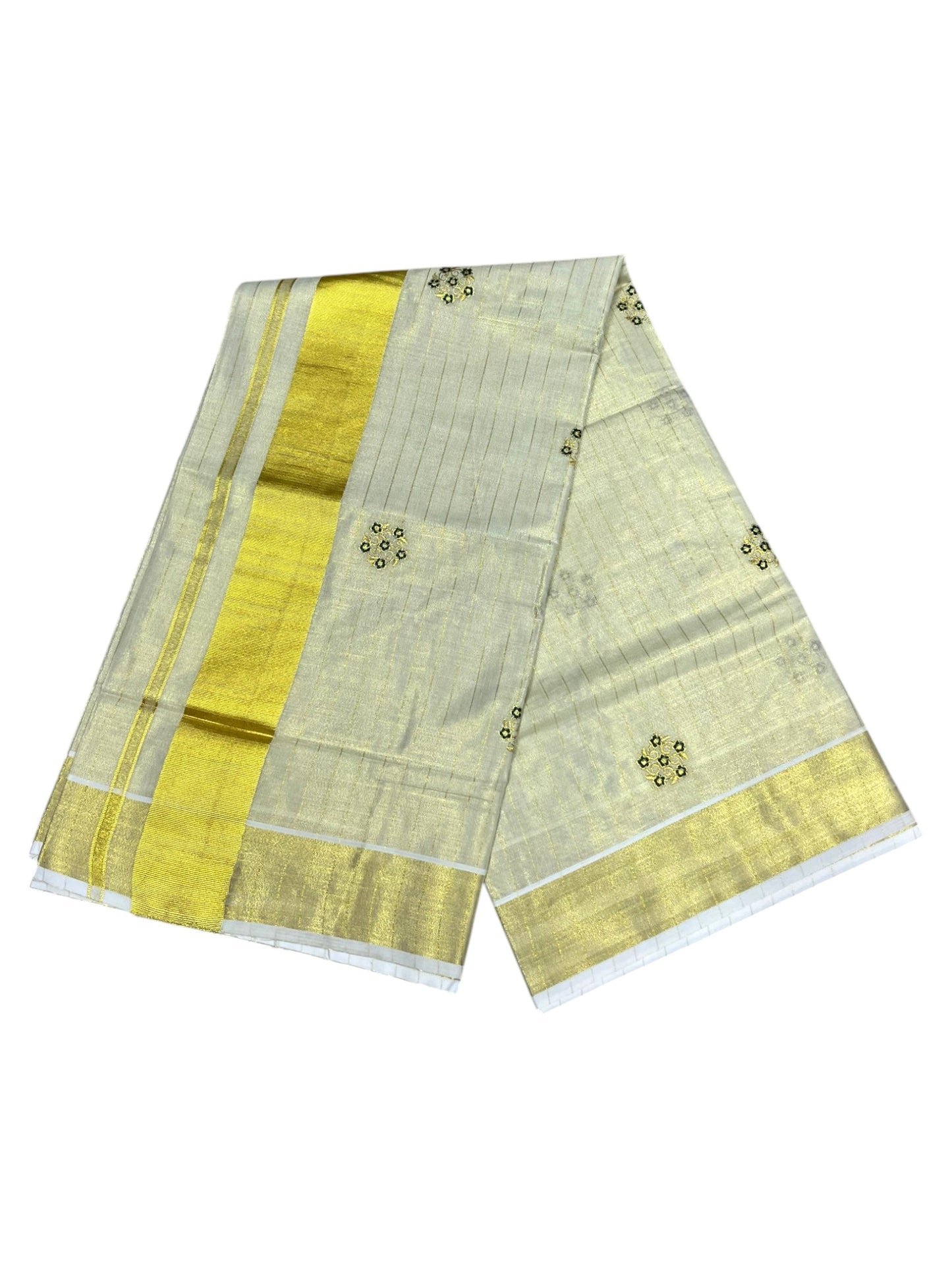 Southloom Kerala Tissue Kasavu Lines Saree with Blue Floral Embroidery Design on Body
