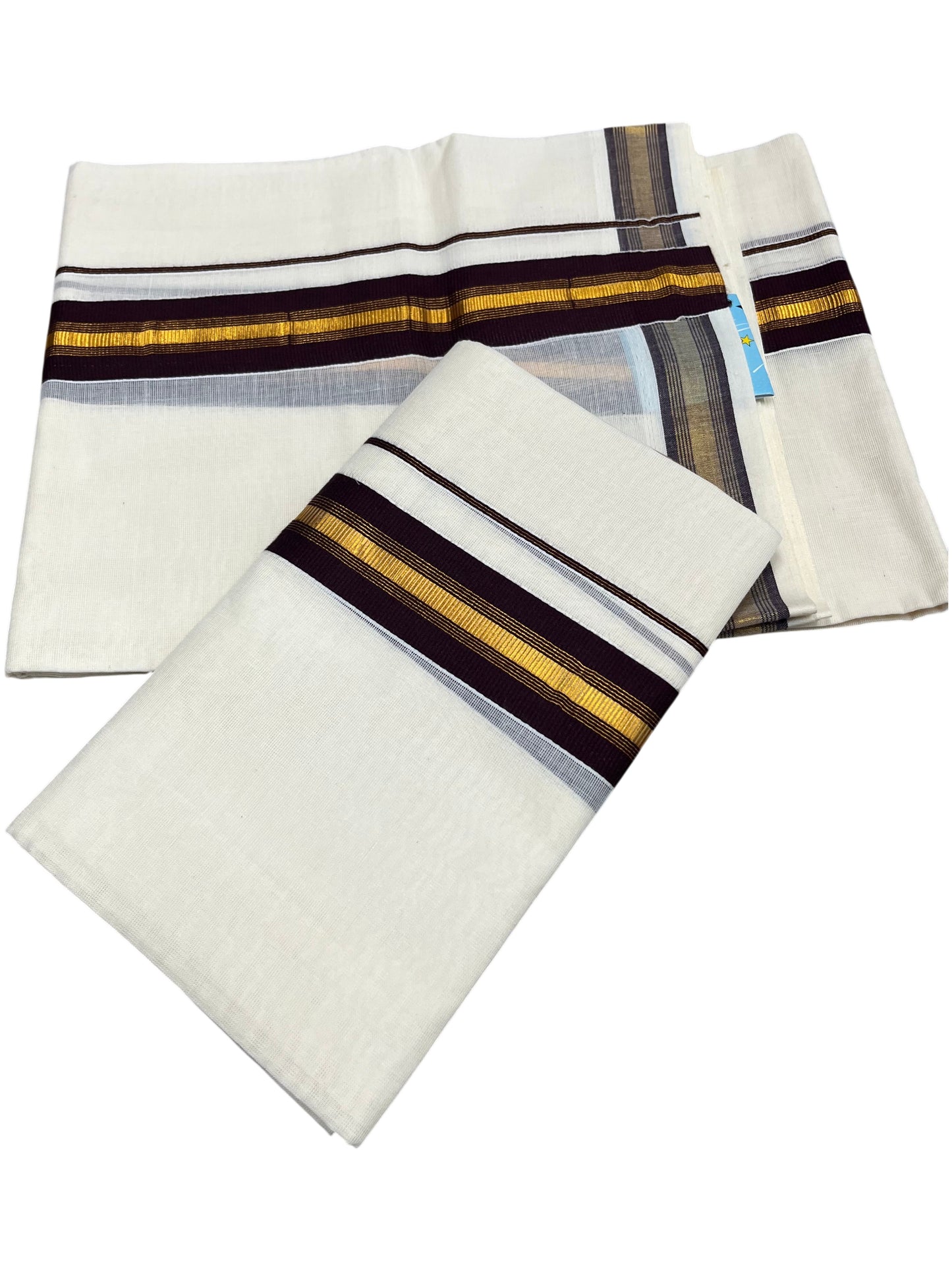 Southloom Kerala Cotton Single Set Mundu (Mundum Neriyathum) with Kasavu and Brown Border  SLKK