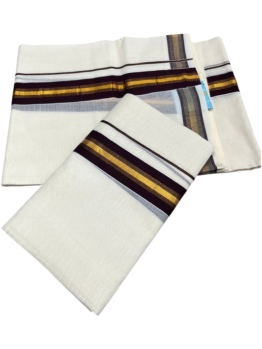 Southloom Kerala Cotton Single Set Mundu (Mundum Neriyathum) with Kasavu and Brown Border  SLKK