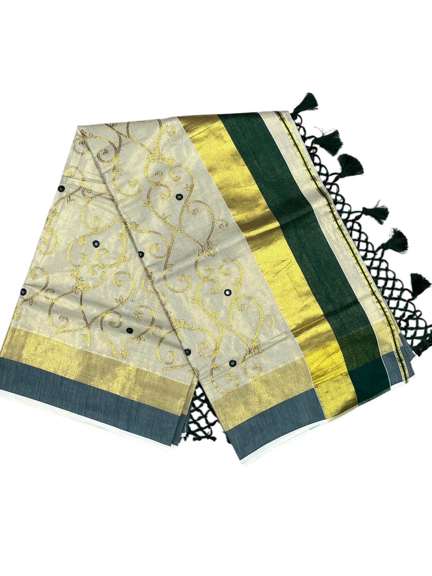 Kerala Tissue Kasavu Stripes Saree with Gold and Green Floral Embroidery Design on Body SL269