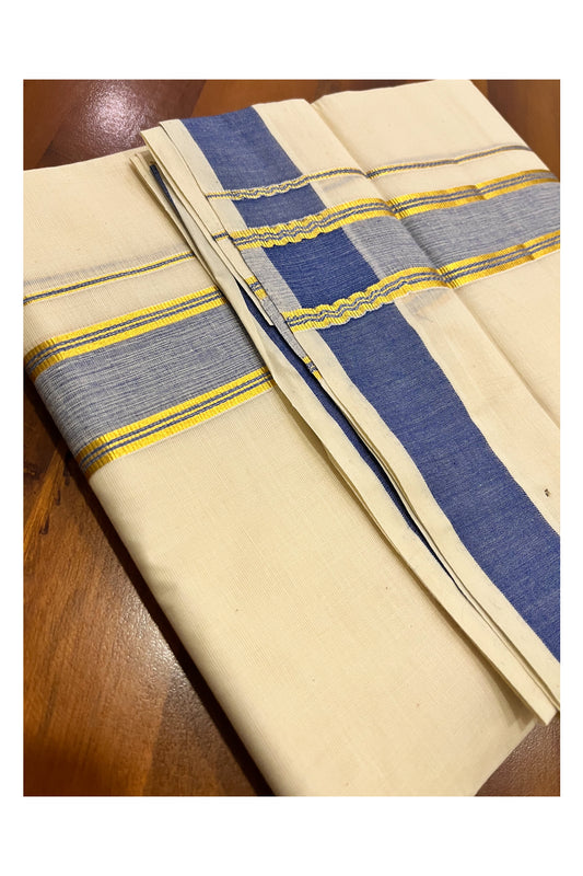 Kerala Pure Cotton Double Mundu with Blue and Kasavu Border (South Indian Kerala Dhoti)