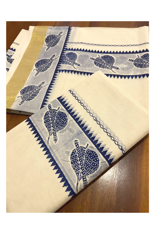 Cotton Kerala Single Set Mundu with Blue Leaf Block Prints on Border