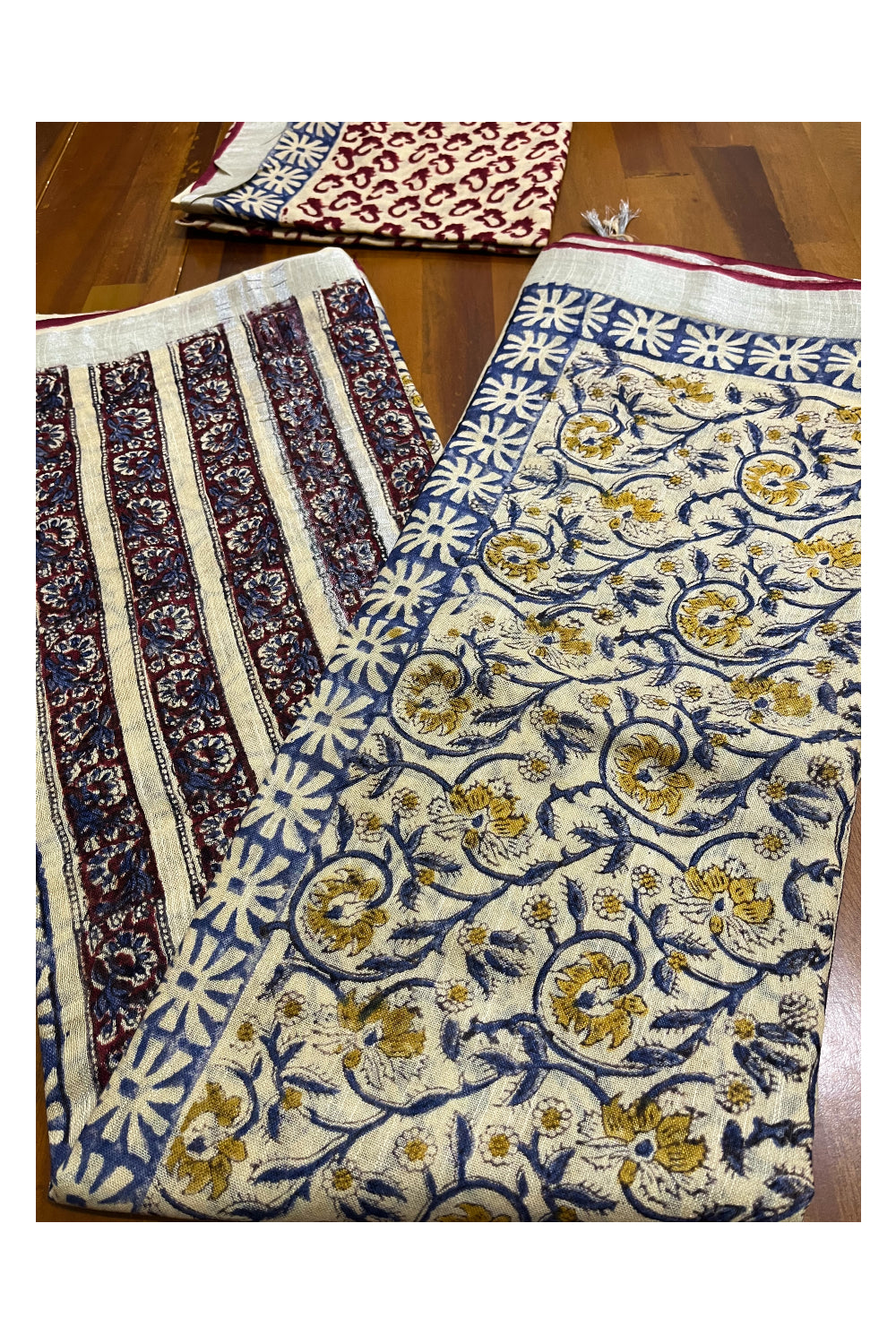 Southloom Linen Light Brown Designer Saree with Blue Floral Prints (include Separate Blouse Piece)