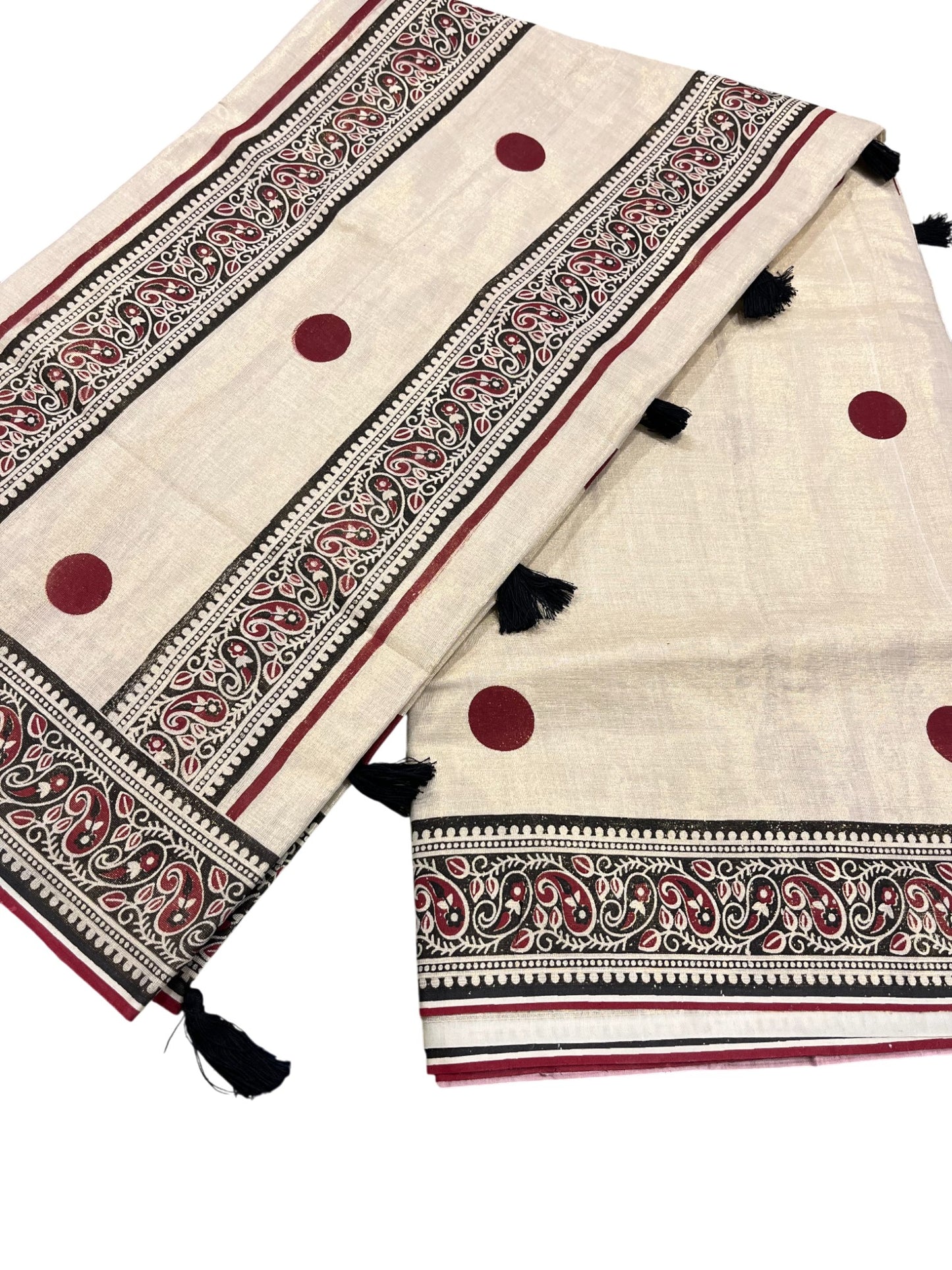 Southloom Kerala Tissue Kasavu Saree With Maroon Polka Dots on Body