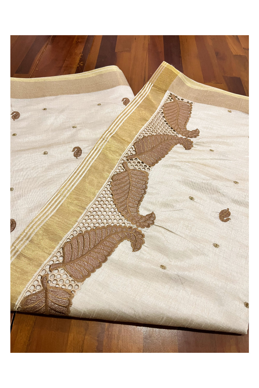 Southloom Light Brown Sequins Cotton Saree with Hacoba Leaf Designs on Munthani