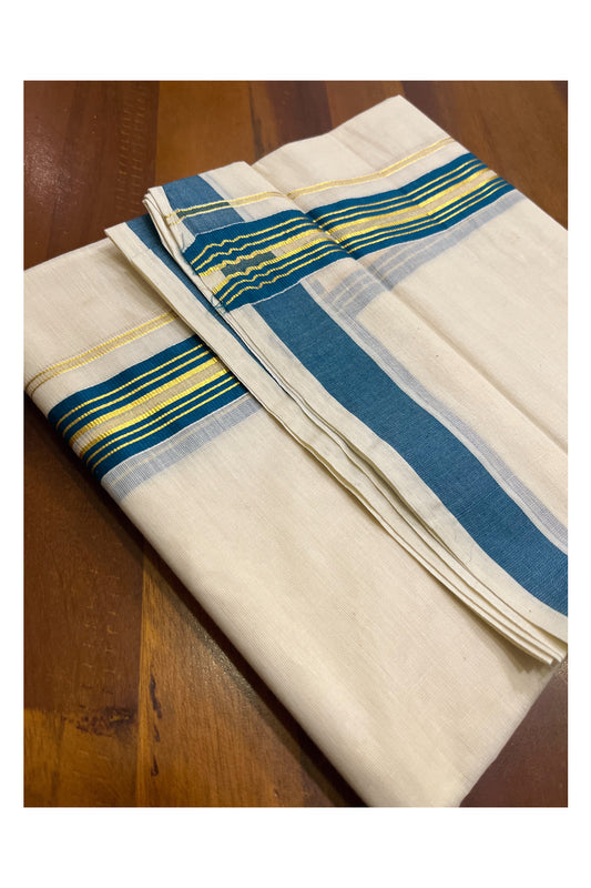 Kerala Pure Cotton Double Mundu with Teal Blue and Kasavu Lines Border (South Indian Kerala Dhoti)