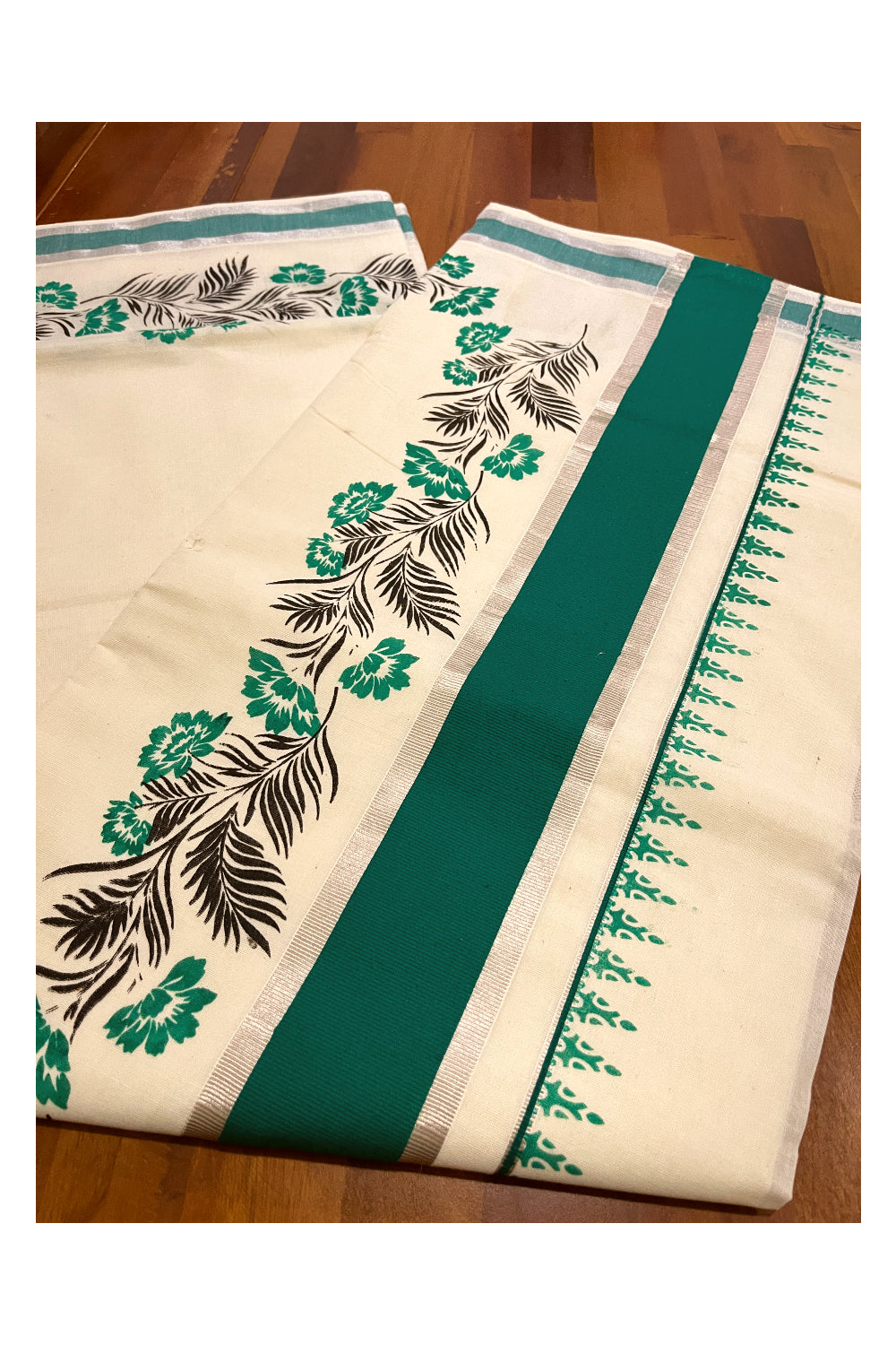 Pure Cotton Kerala Saree with Green Black Floral Block Prints and Silver Green Border