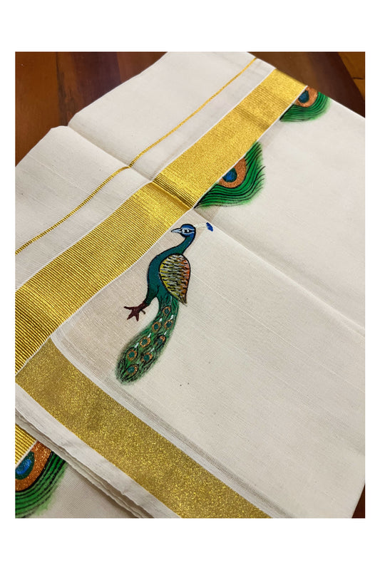 Kerala Pure Cotton Double Mundu with Peacock Mural Painted Design on Kasavu Border (South Indian Kerala Dhoti)