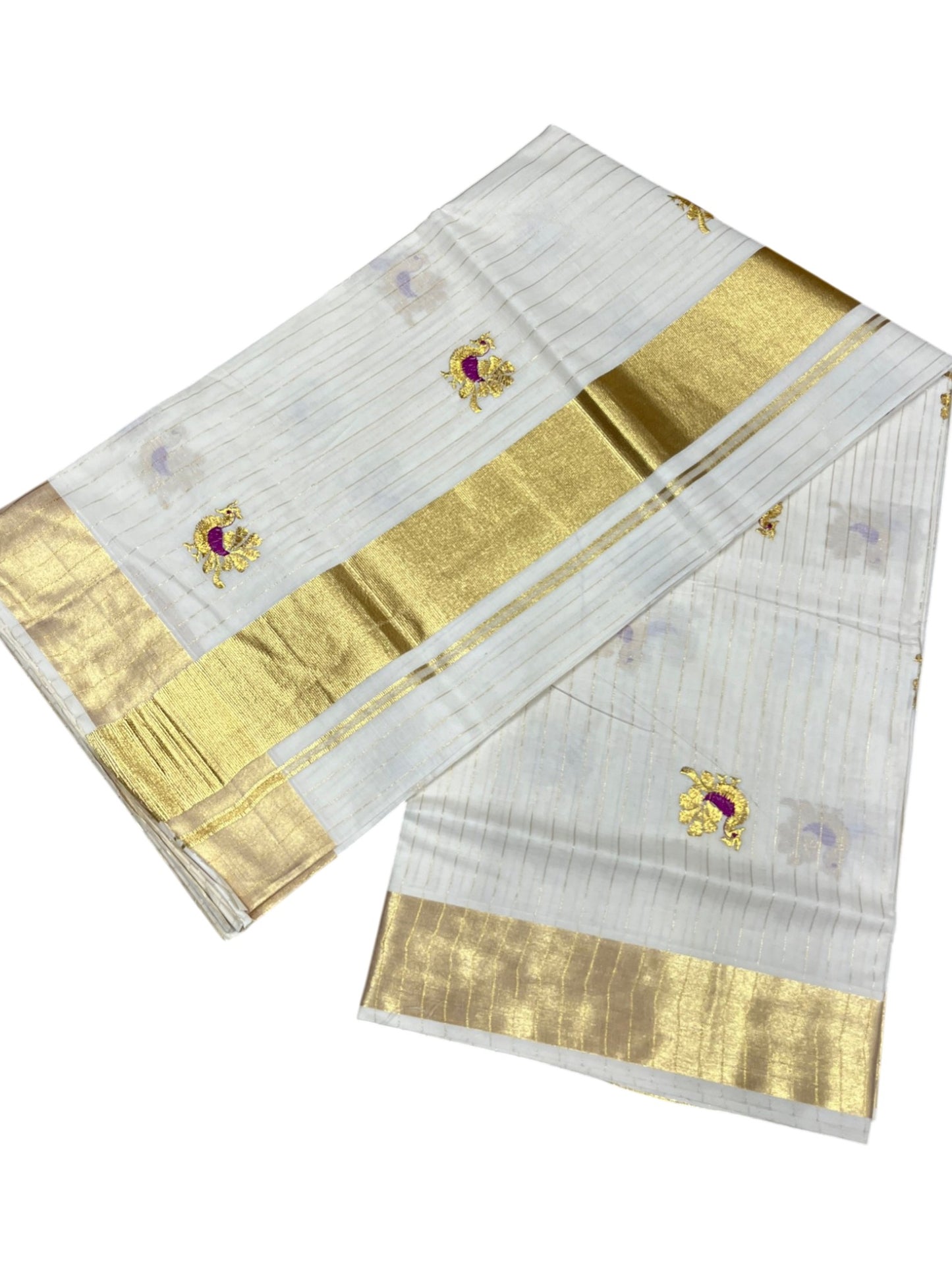 Southloom Cotton Kerala Kasavu Lines Saree with Peacock Embroidery Work on Body in Magenta