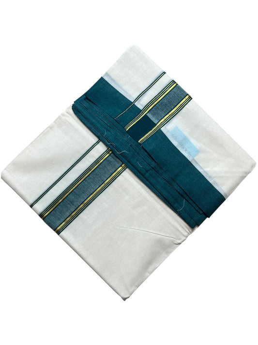 Southloom Pure Cotton Mundu with Golden Lines and Green Border (South Indian Kerala Dhoti)