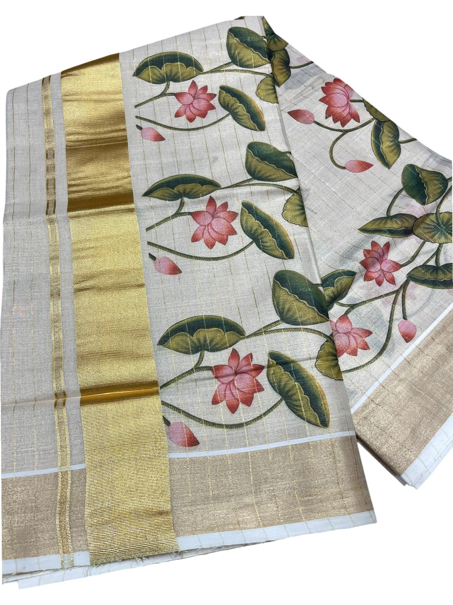 Southloom Kerala Tissue Kasavu Stripes Saree with Lotus Digital Prints on Body