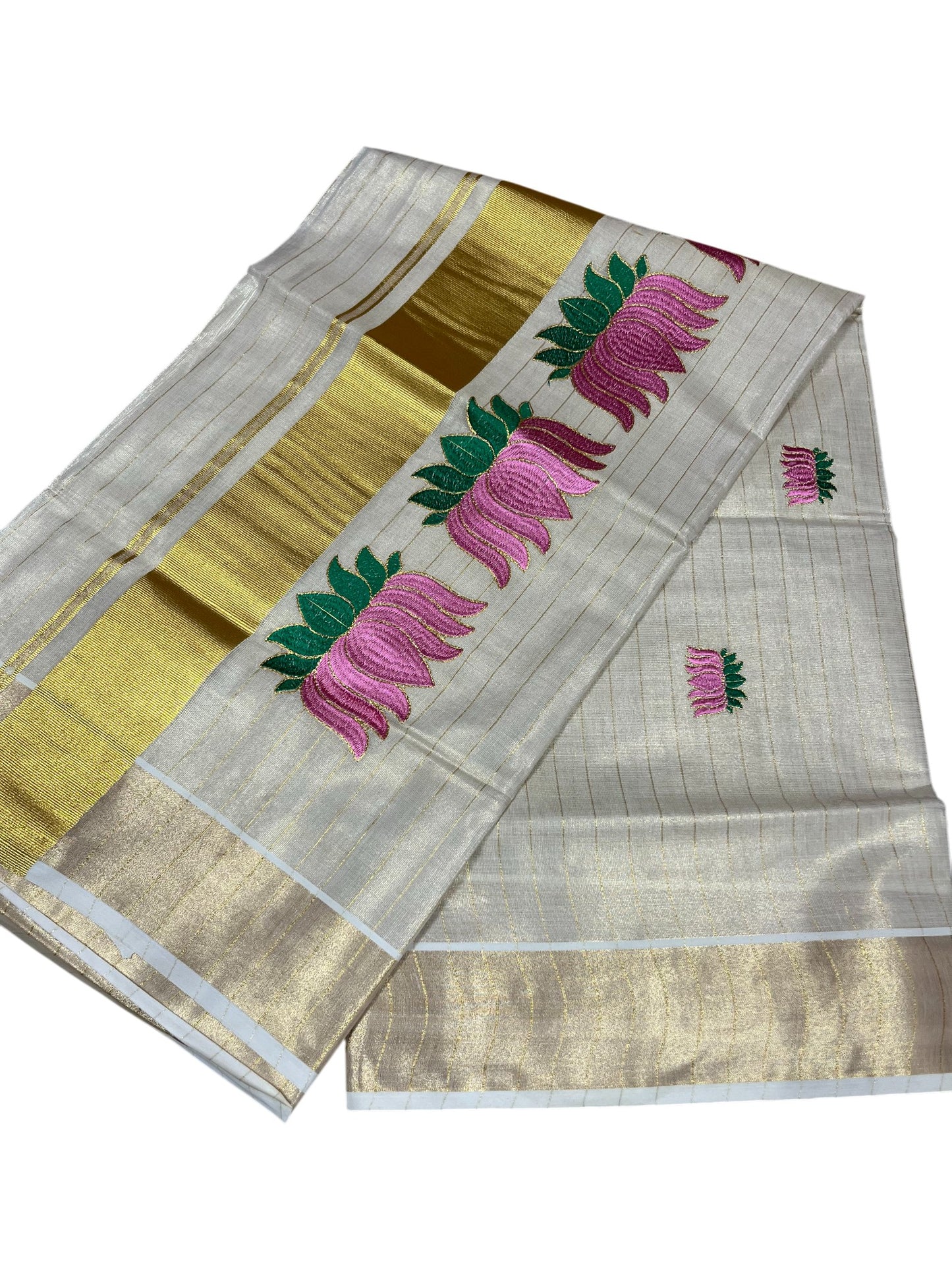 Southloom Kerala Tissue Lines Kasavu Saree with Pink And Green Lotus Embroidery Works SL289