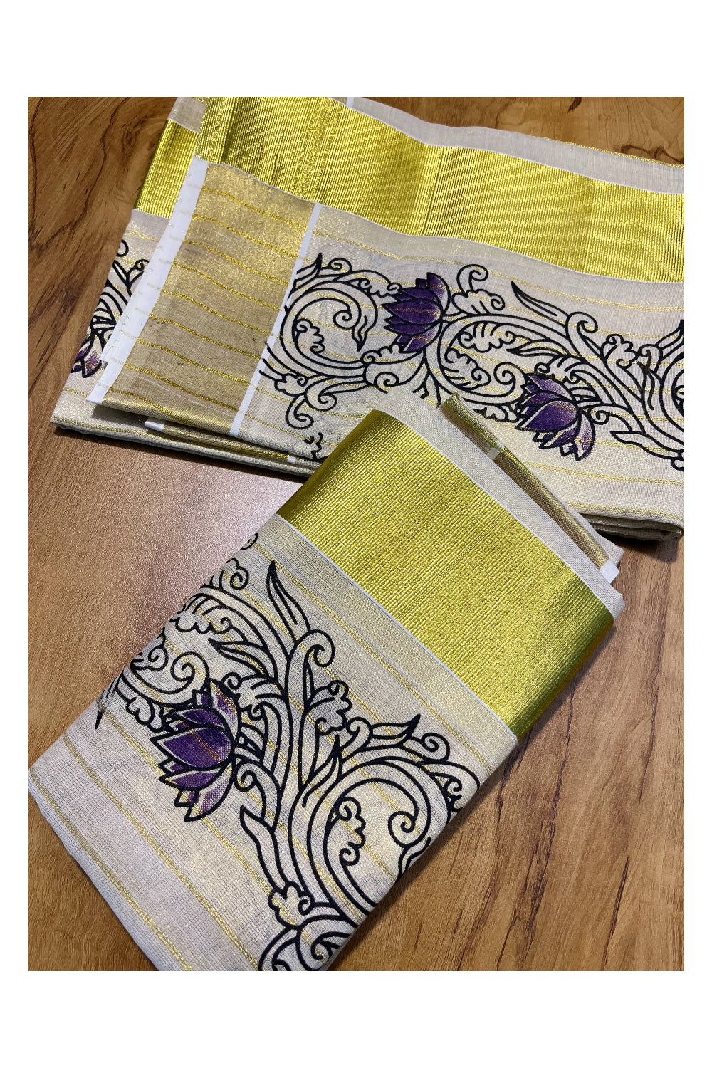 Kerala Tissue Single Set Mundu (Mundum Neriyathum) with Violet Lotus Block Printed Design 2.80Mtr