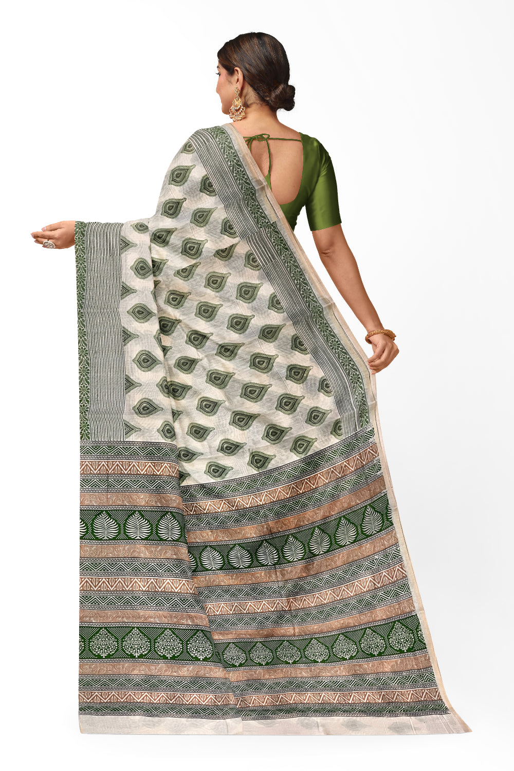 Southloom Cotton Light Brown Saree with Green Paisley Prints