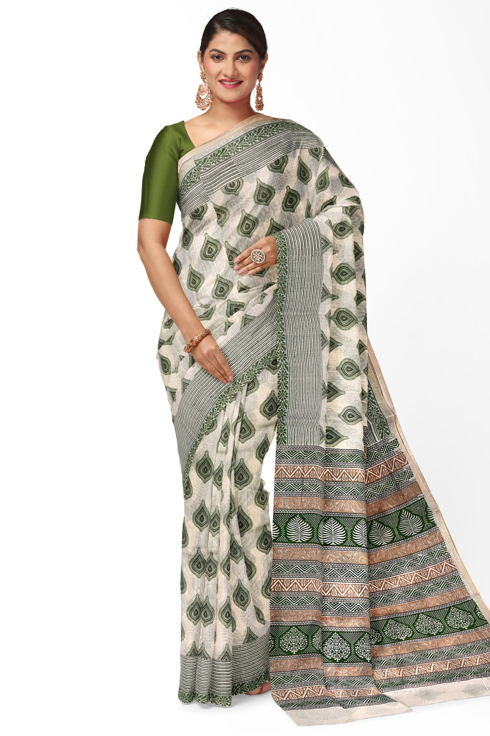 Southloom Cotton Light Brown Saree with Green Paisley Prints