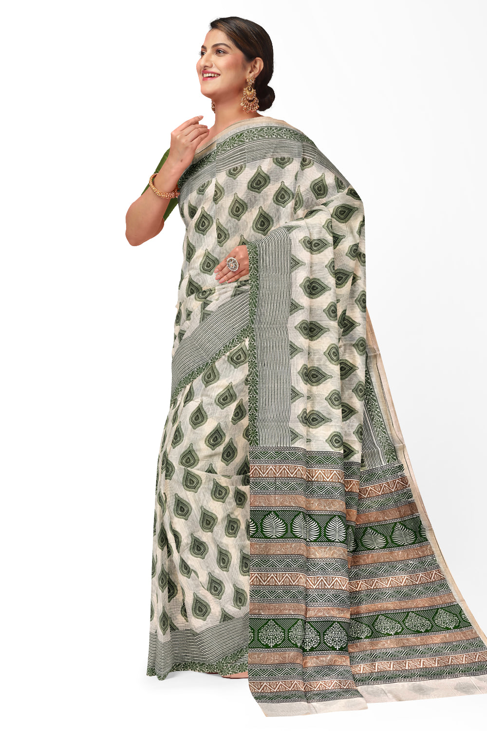 Southloom Cotton Light Brown Saree with Green Paisley Prints
