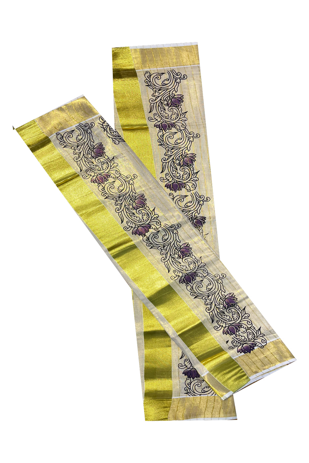 Kerala Tissue Single Set Mundu (Mundum Neriyathum) with Violet Lotus Block Printed Design 2.80Mtr
