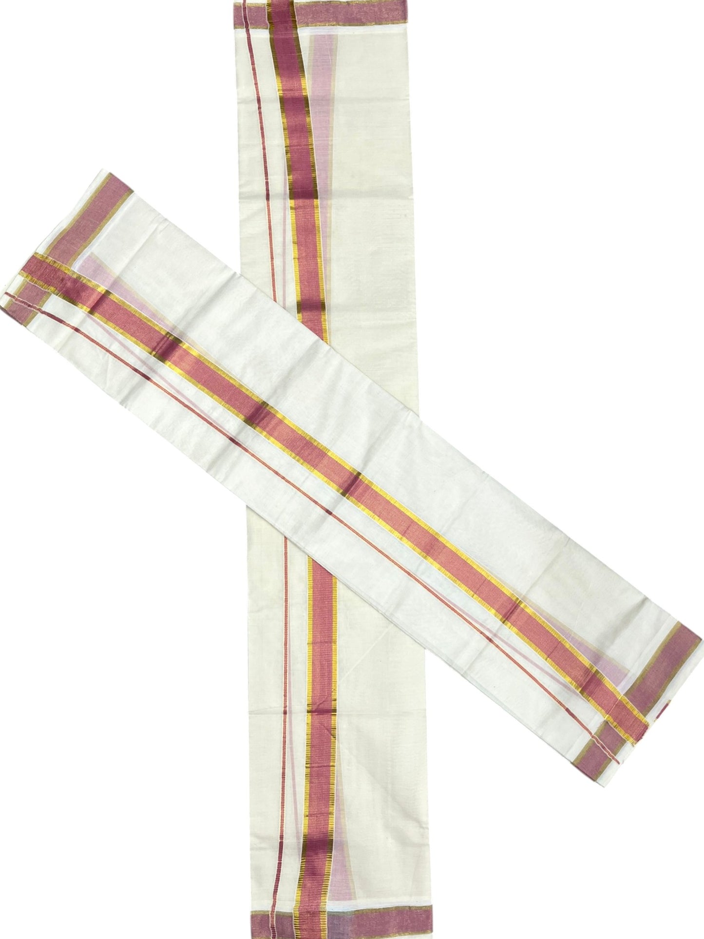 Southloom Pure Cotton Kerala Kasavu Set Mundu (Mundum Neriyathum) Kasavu & Light Pink Border in 2.80 Mtrs SLKK SL470