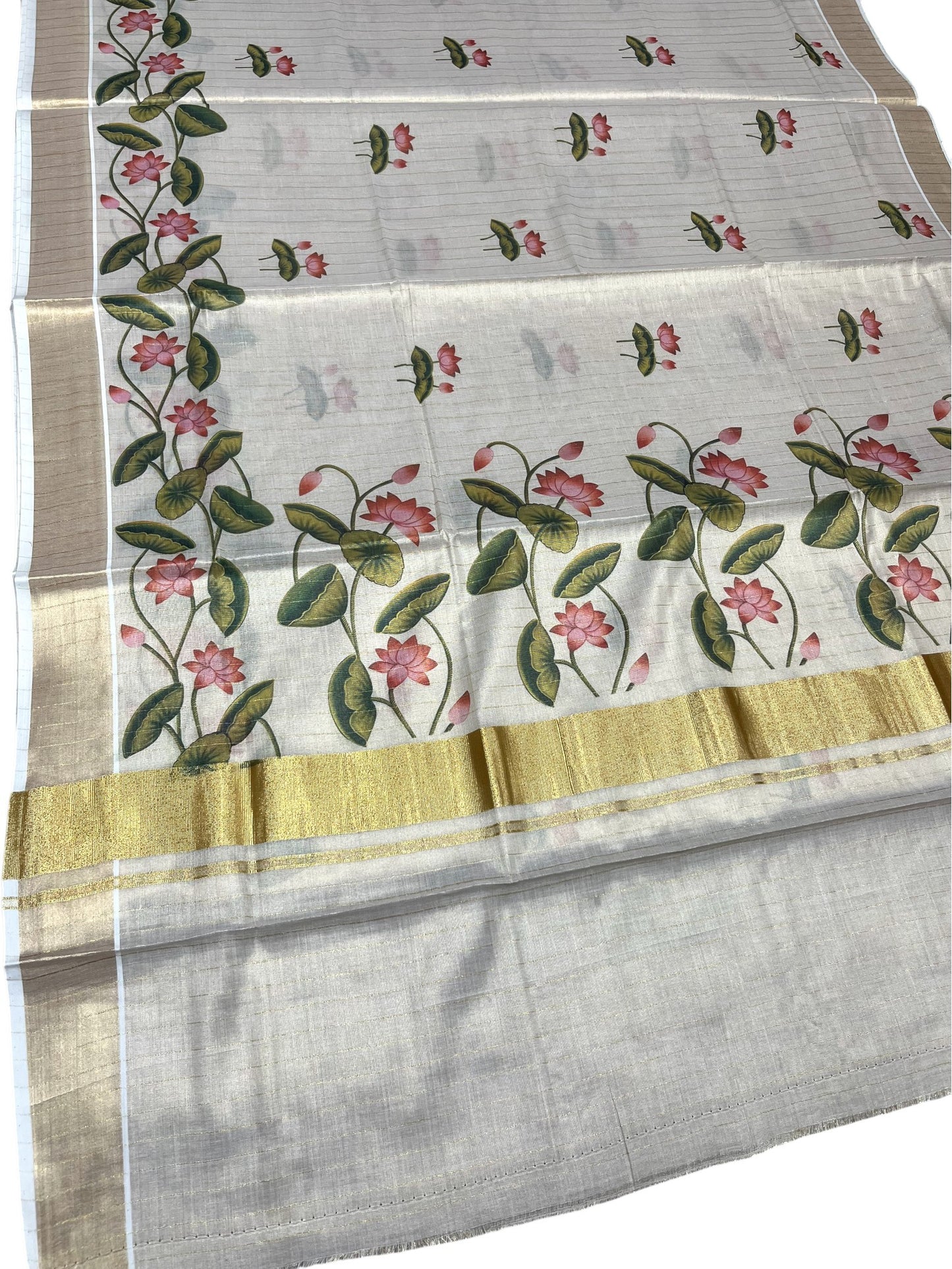 Southloom Kerala Tissue Kasavu Stripes Saree with Lotus Digital Prints on Body