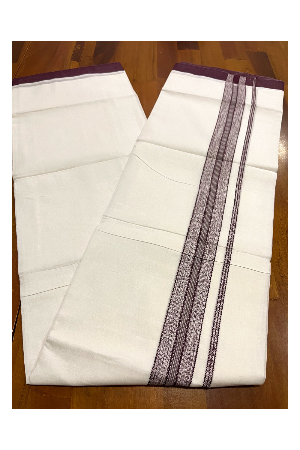 Pure White Cotton Double Mundu with Purple Border (South Indian Kerala Dhoti)