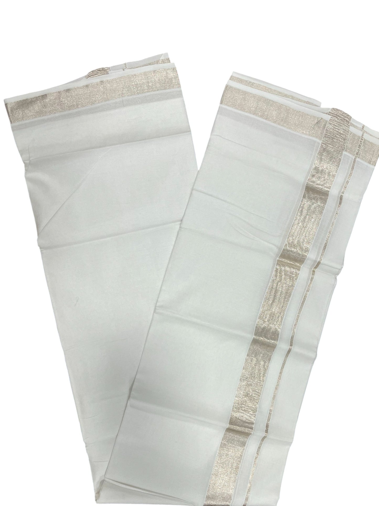 Pure White Cotton Double Mundu with Silver Kara (South Indian Dhoti)