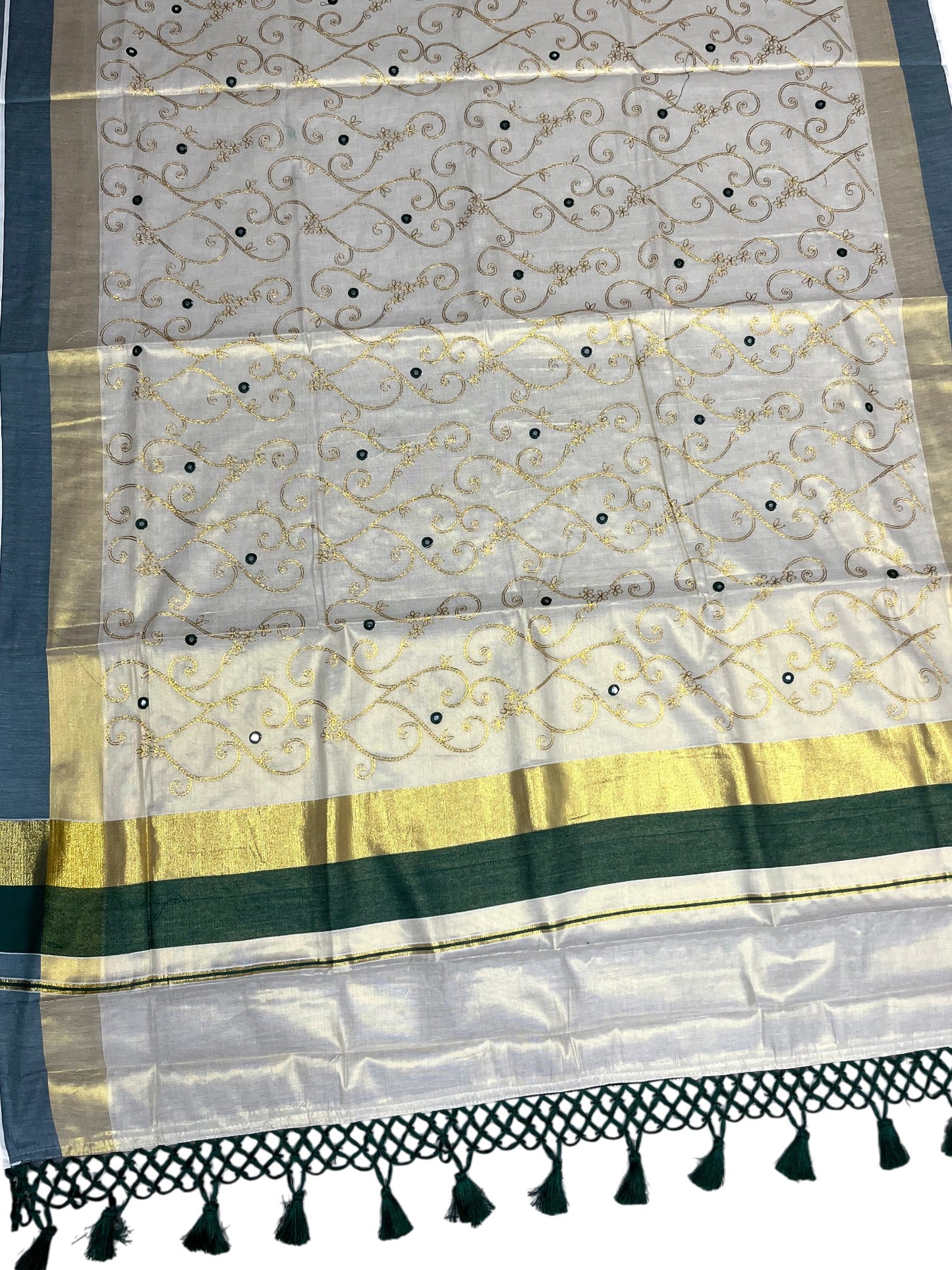 Kerala Tissue Kasavu Stripes Saree with Gold and Green Floral Embroidery Design on Body SL269