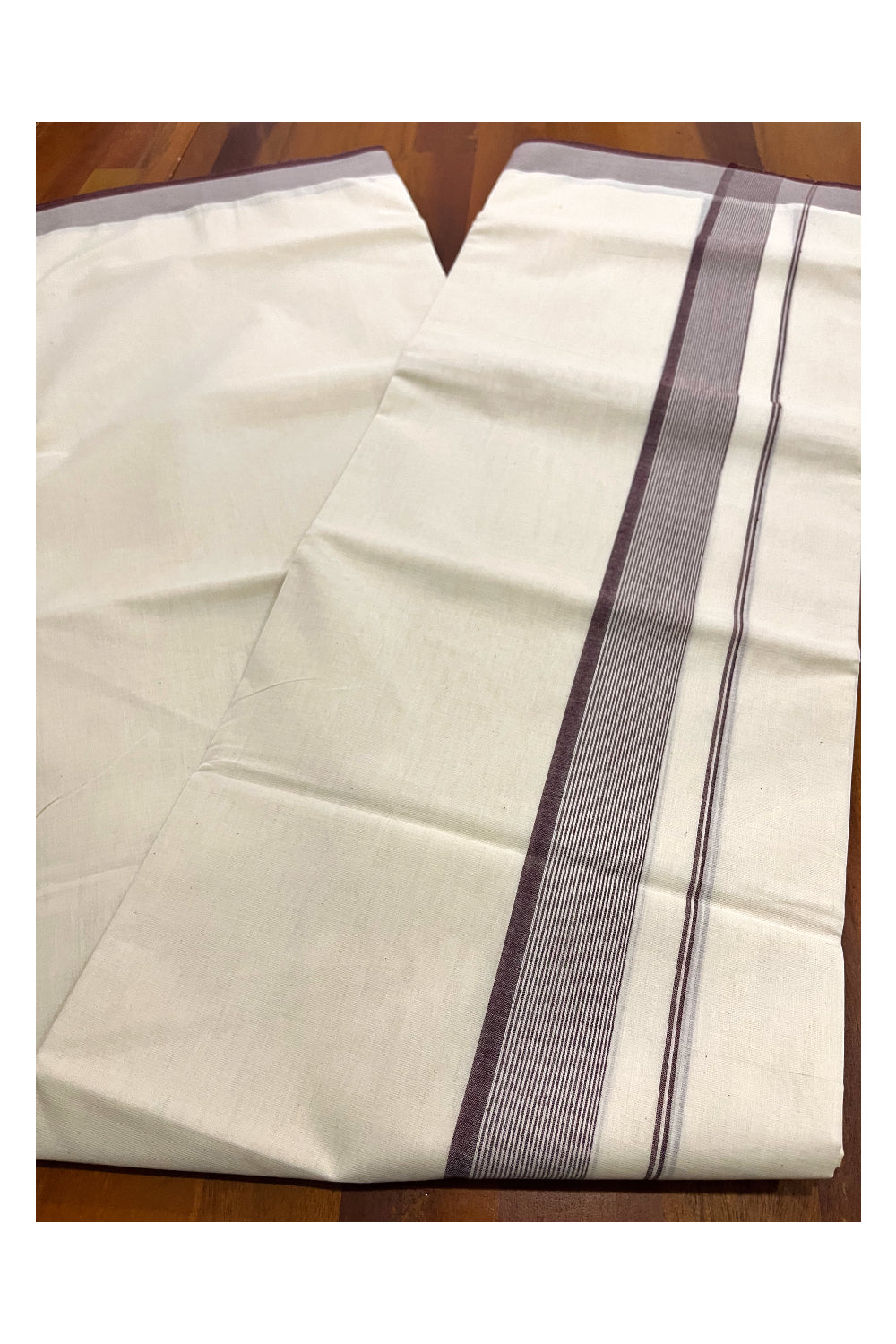 Pure Cotton 100x100 Double Mundu with Brown Line Border (South Indian Kerala Dhoti)