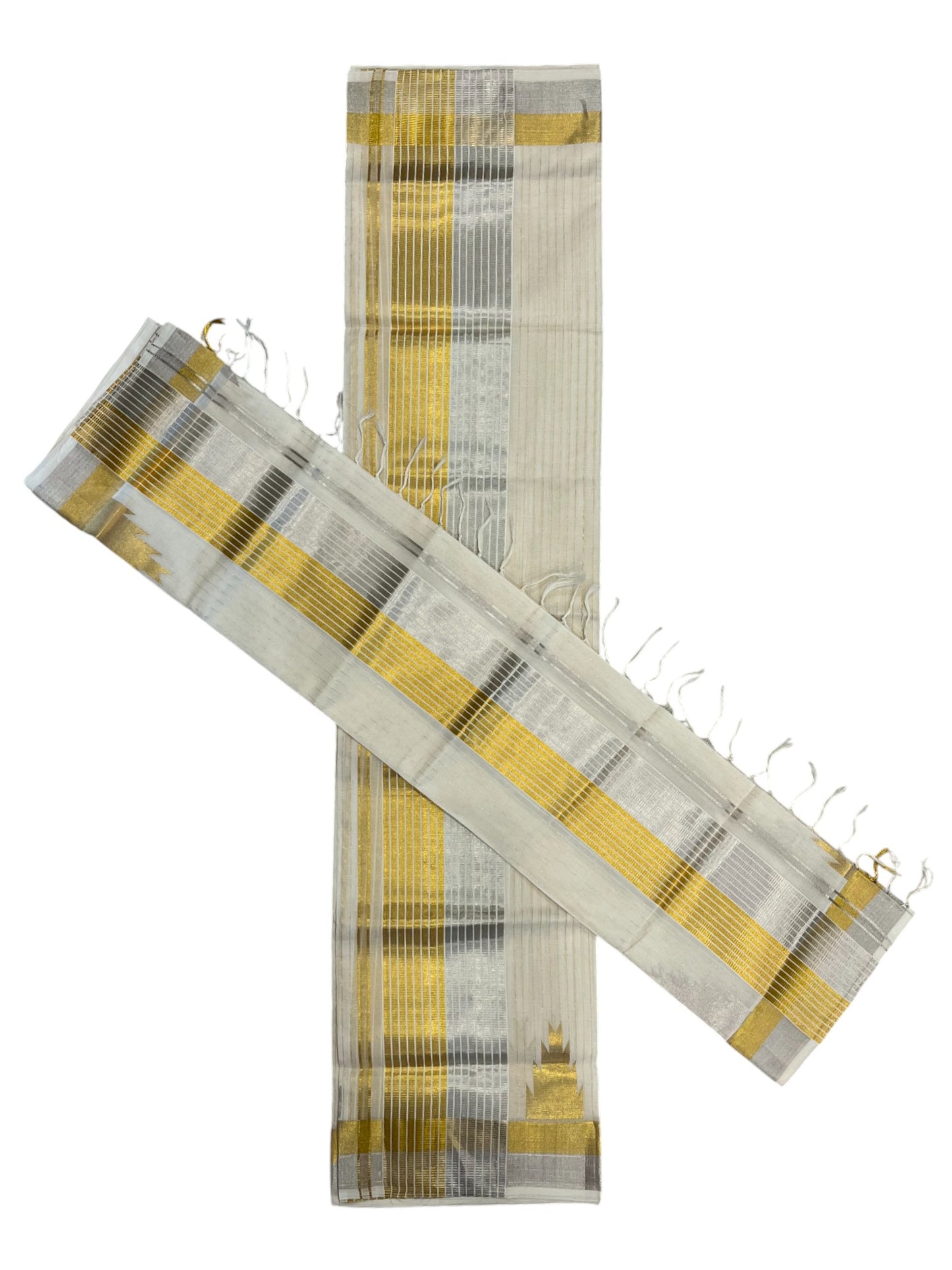 Southloom Premium Balaramapuram Handloom Set Mundu with Silver and Gold Lines Design on Kara