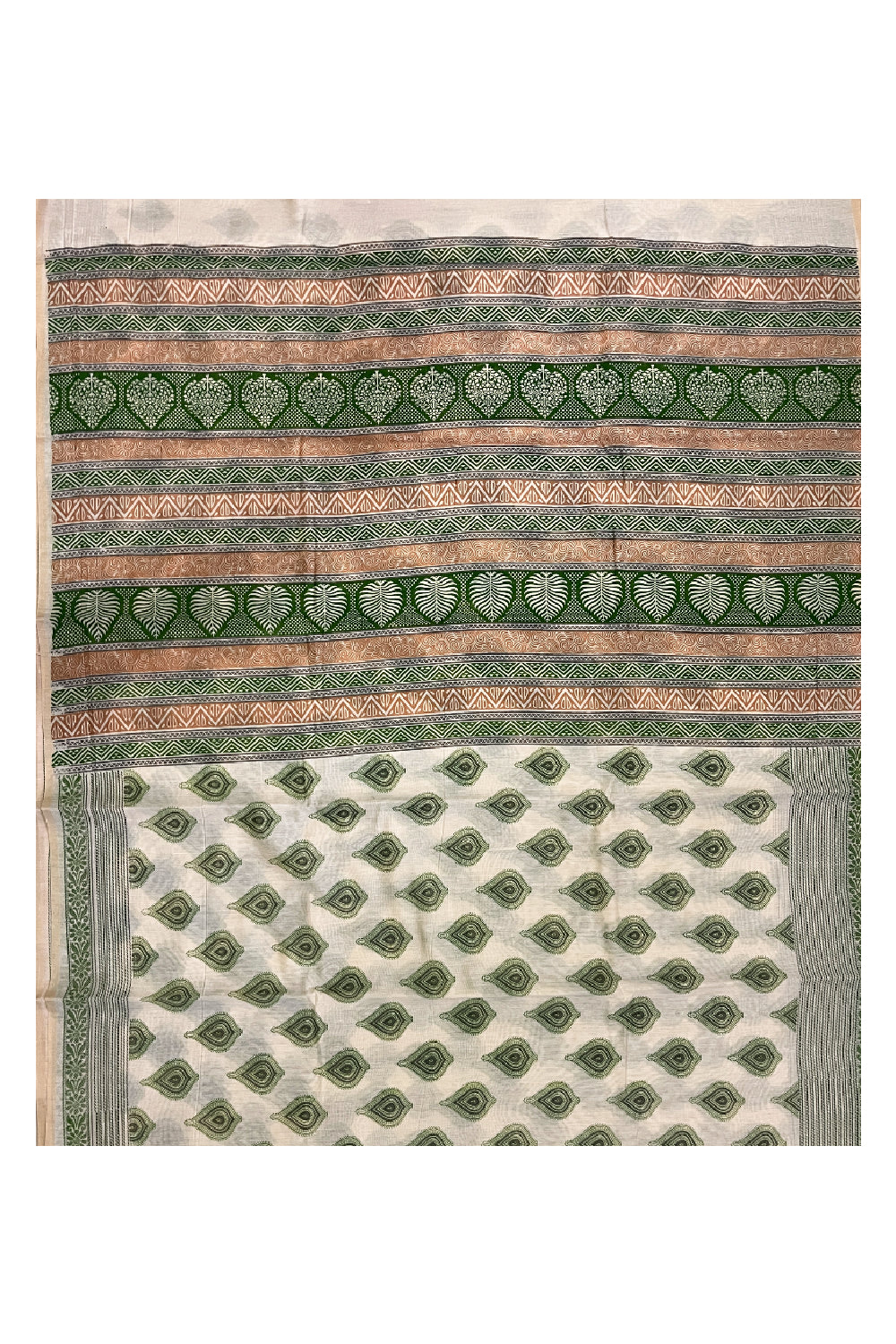 Southloom Cotton Light Brown Saree with Green Paisley Prints