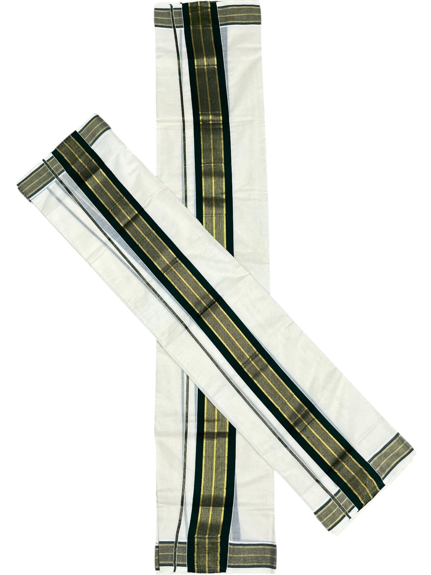 Southloom Kerala Cotton Kasavu Single Set Mundu (Mundum Neriyathum) with Green Kasavu Border SLKK
