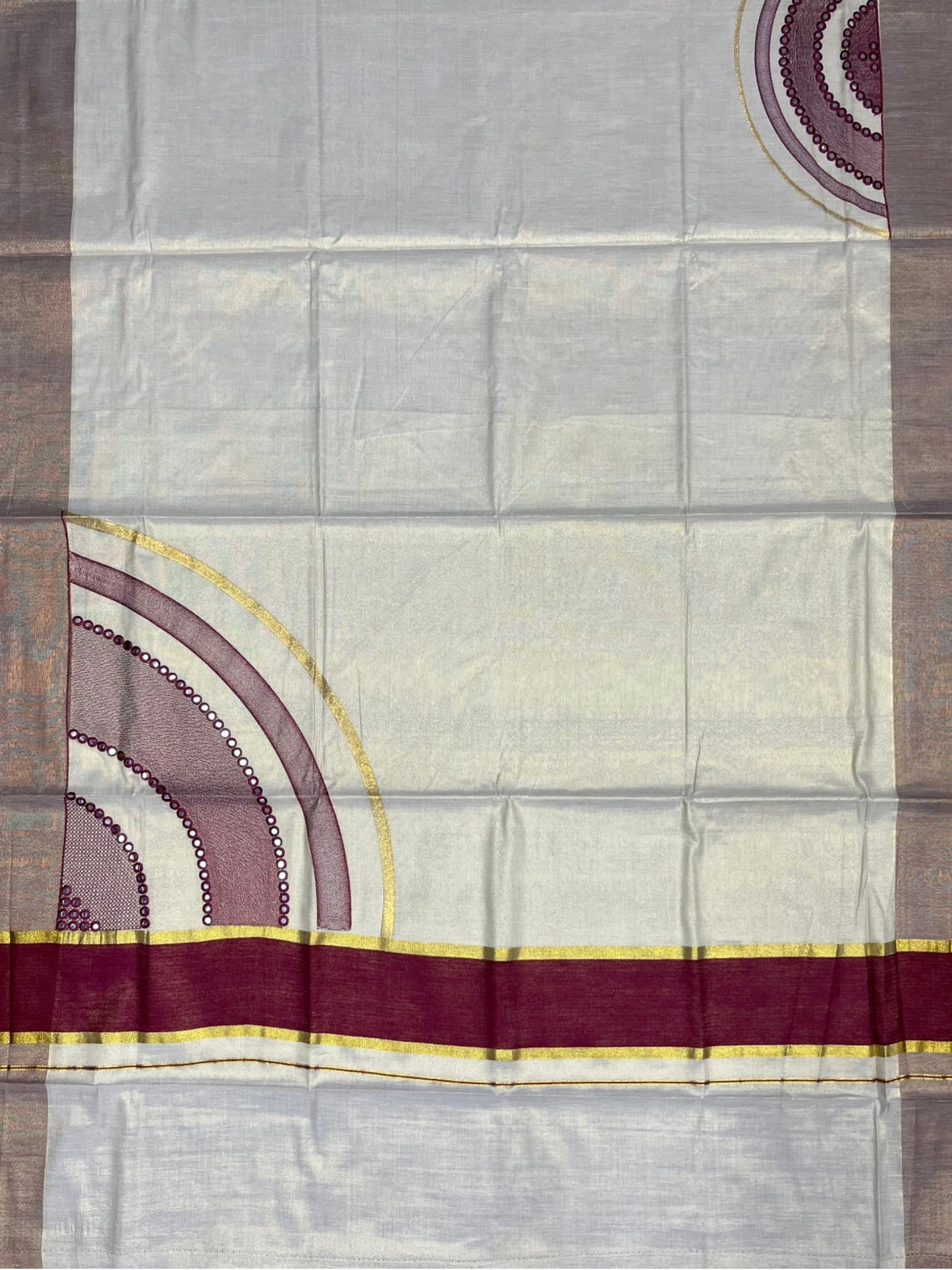 Southloom Kerala Tissue Kasavu Saree with Maroon Mirror Work