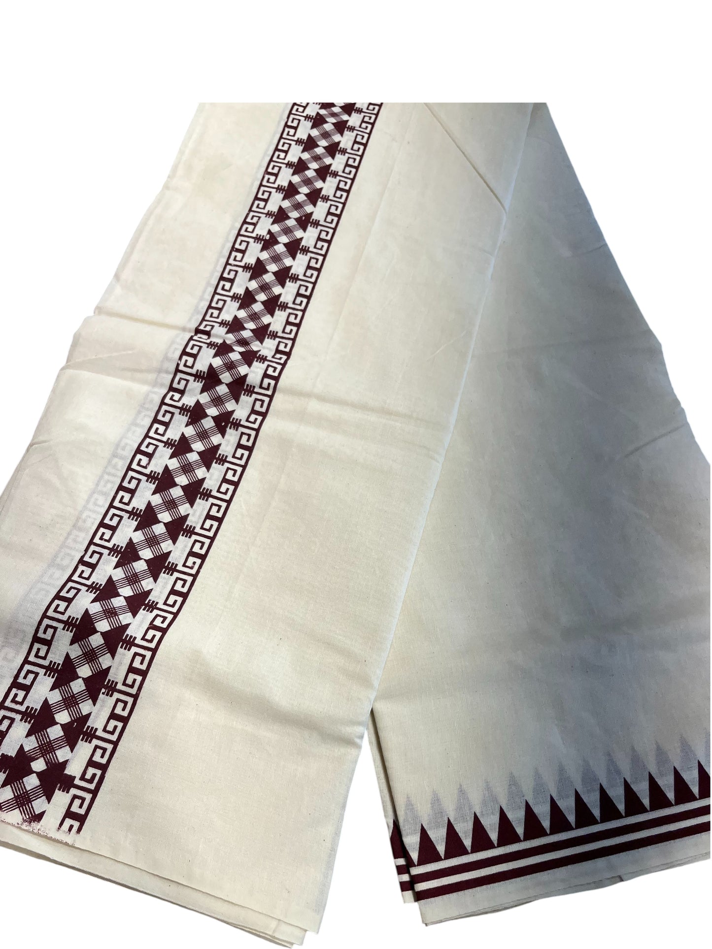 Southloom Pure Cotton Double Mundu with Block Prints on Maroon Kara (South Indian Kerala Dhoti)