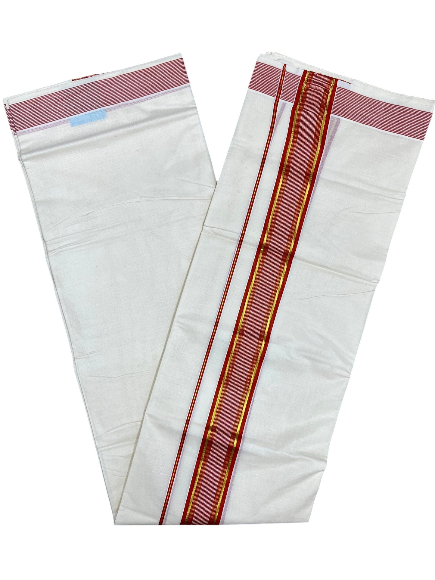 Southloom Pure Cotton Mundu with Gold lines& Orange Border (South Indian Kerala Dhoti)