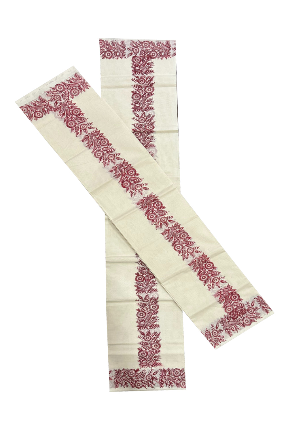 Kerala Cotton Set Mundu (Mundum Neriyathum) with Maroon Floral Block Printed Border (Onam Set Mundu 2023)