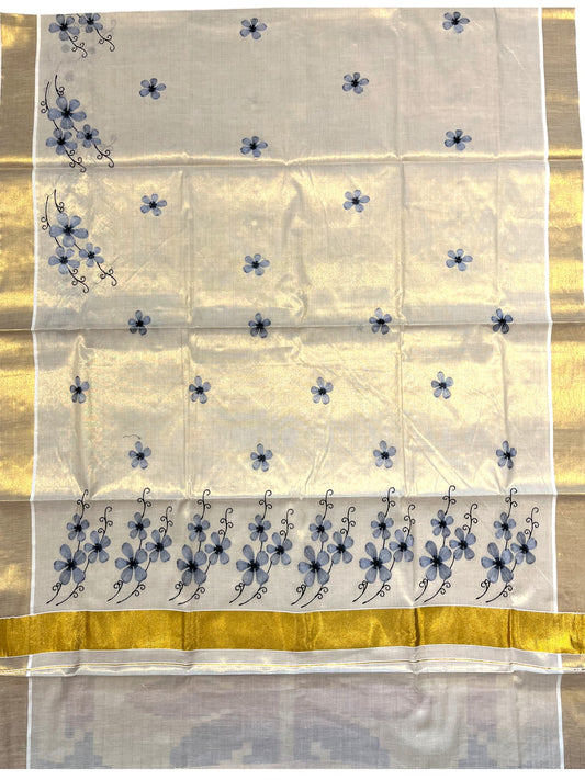 Southloom Kerala Tissue Kasavu Saree with Lavendar Floral Embroidery on Body and Border