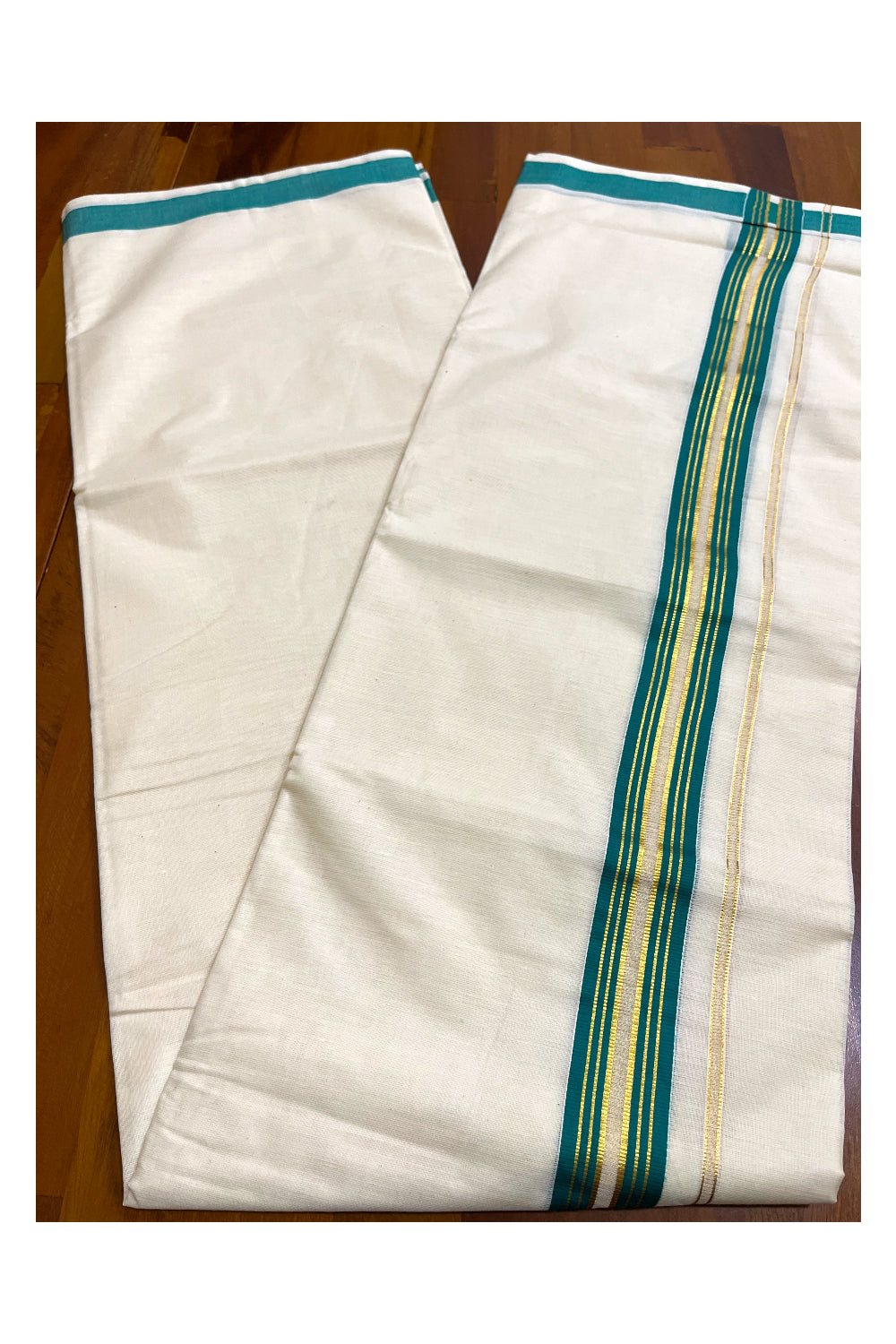 Kerala Pure Cotton Double Mundu with Green and Kasavu Lines Border (South Indian Kerala Dhoti)