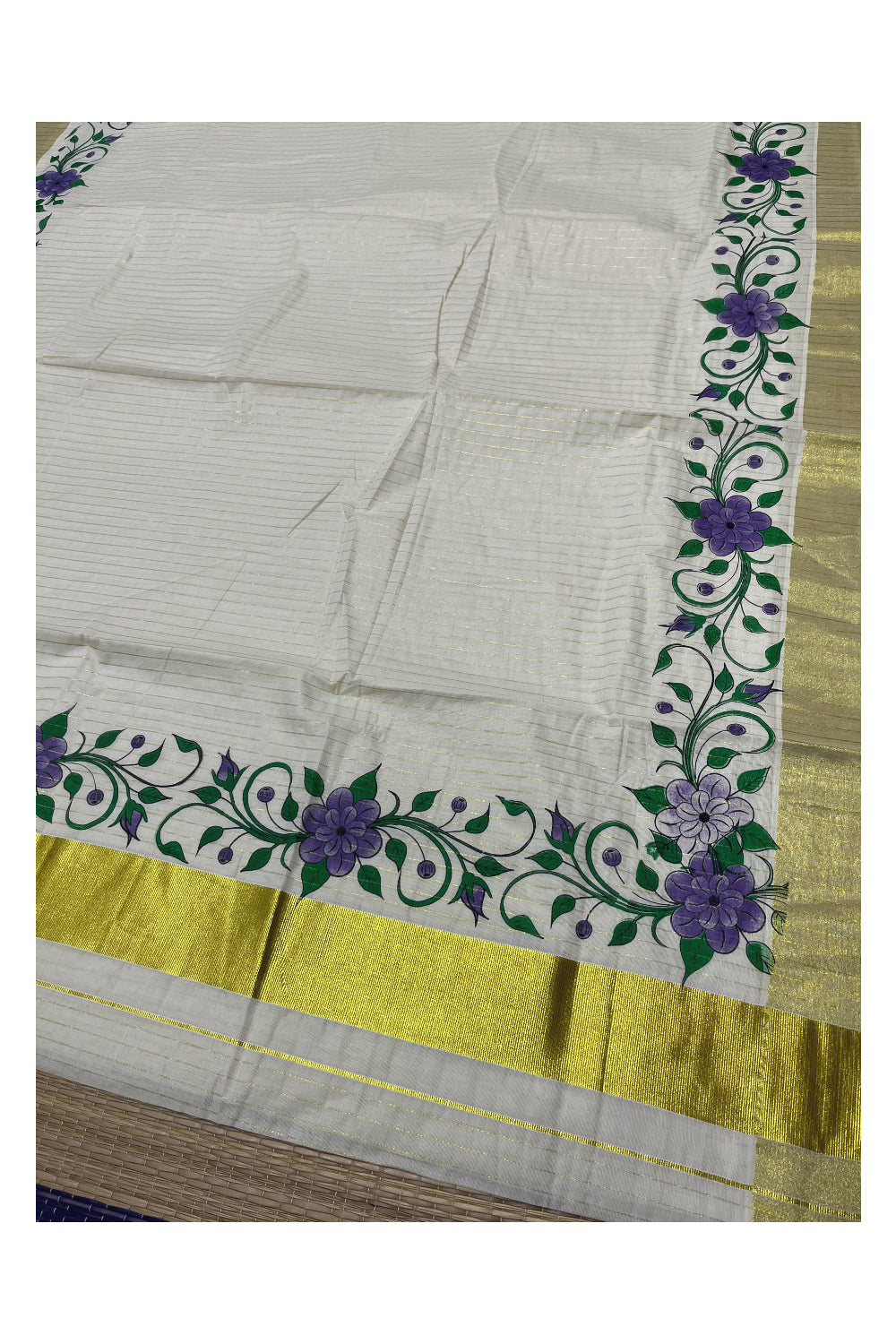 Kerala Pure Cotton Violet Floral Printed and Kasavu Lines Saree