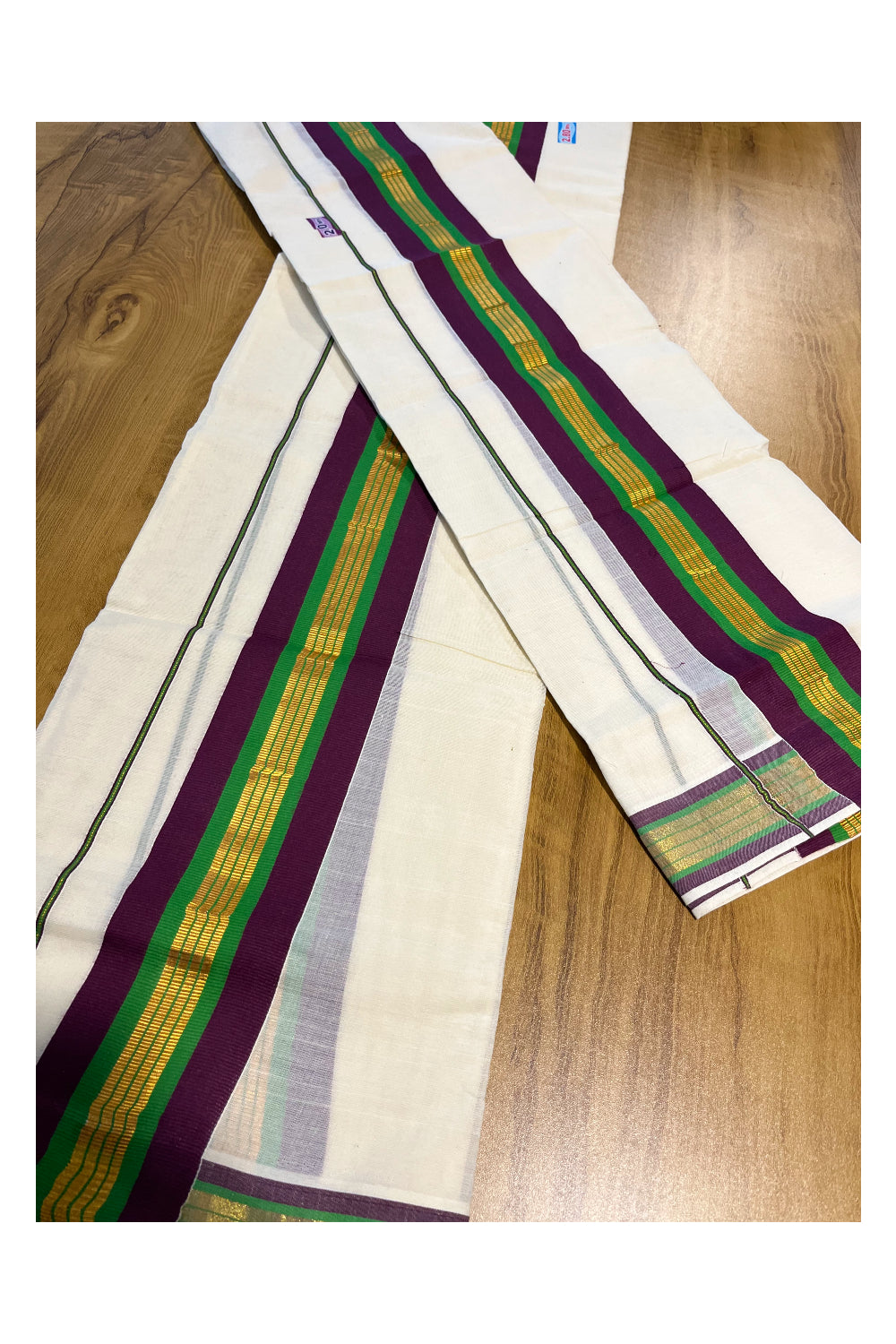 Kerala Cotton Kasavu Set Mundu (Mundum Neriyathum) with Purple and Green Border 2.80 Mtrs