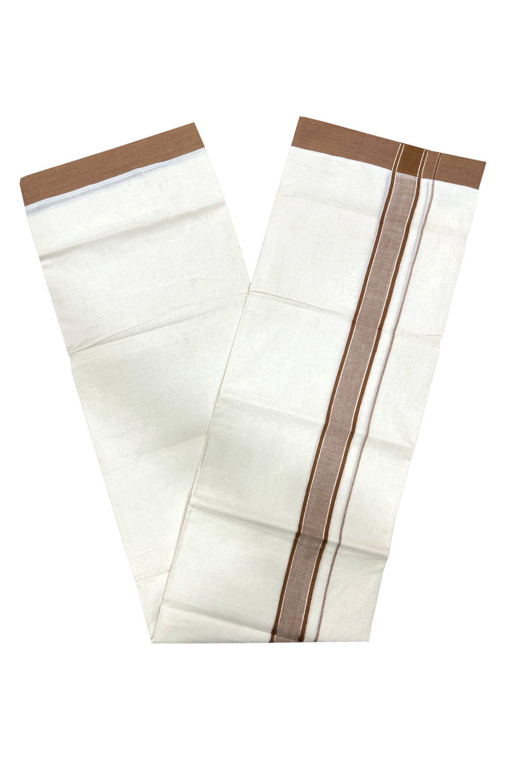 Pure Cotton Double Mundu with Silver Kasavu and Brown Border (South Indian Kerala Dhoti)