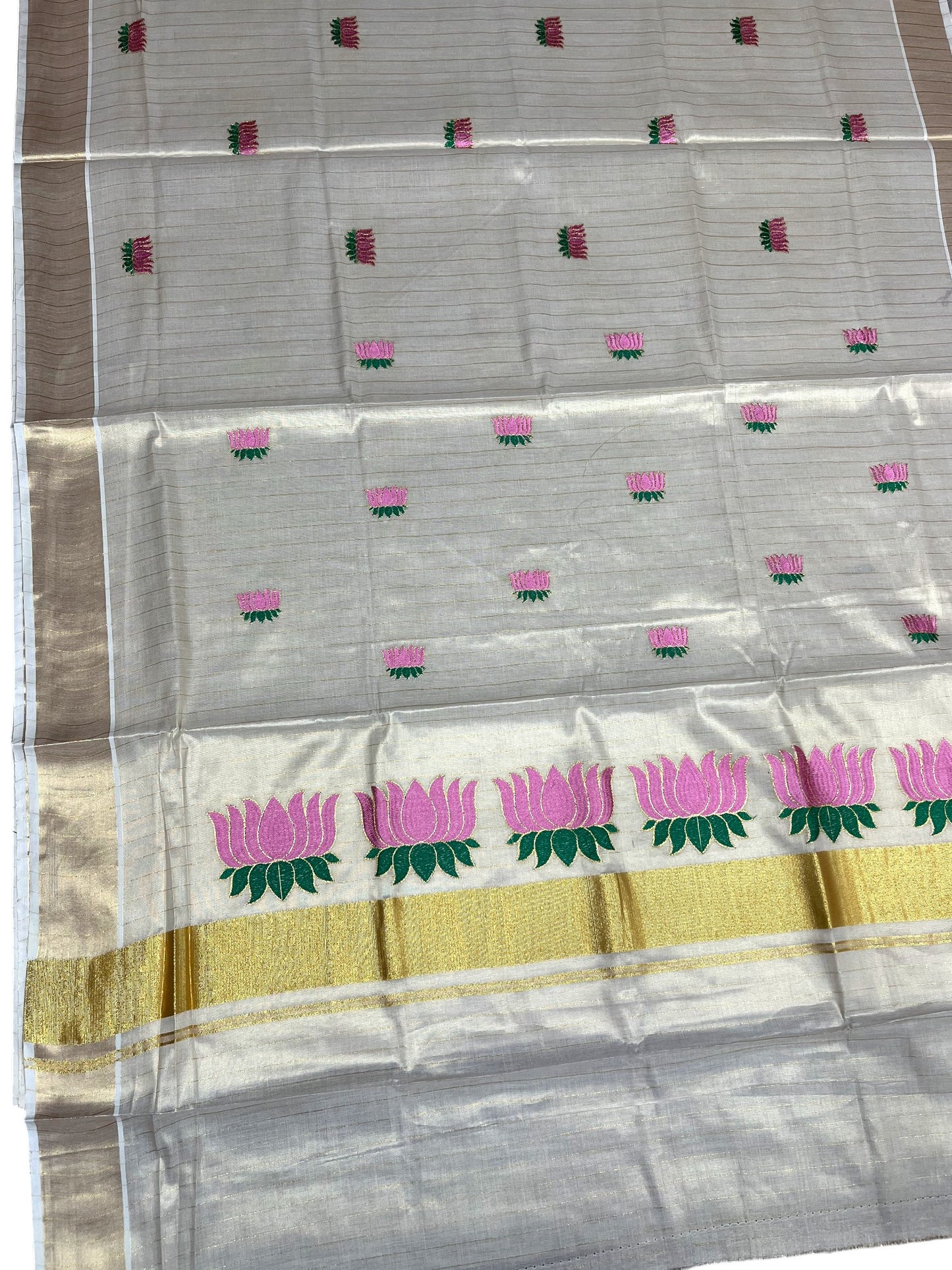 Southloom Kerala Tissue Lines Kasavu Saree with Pink And Green Lotus Embroidery Works SL289