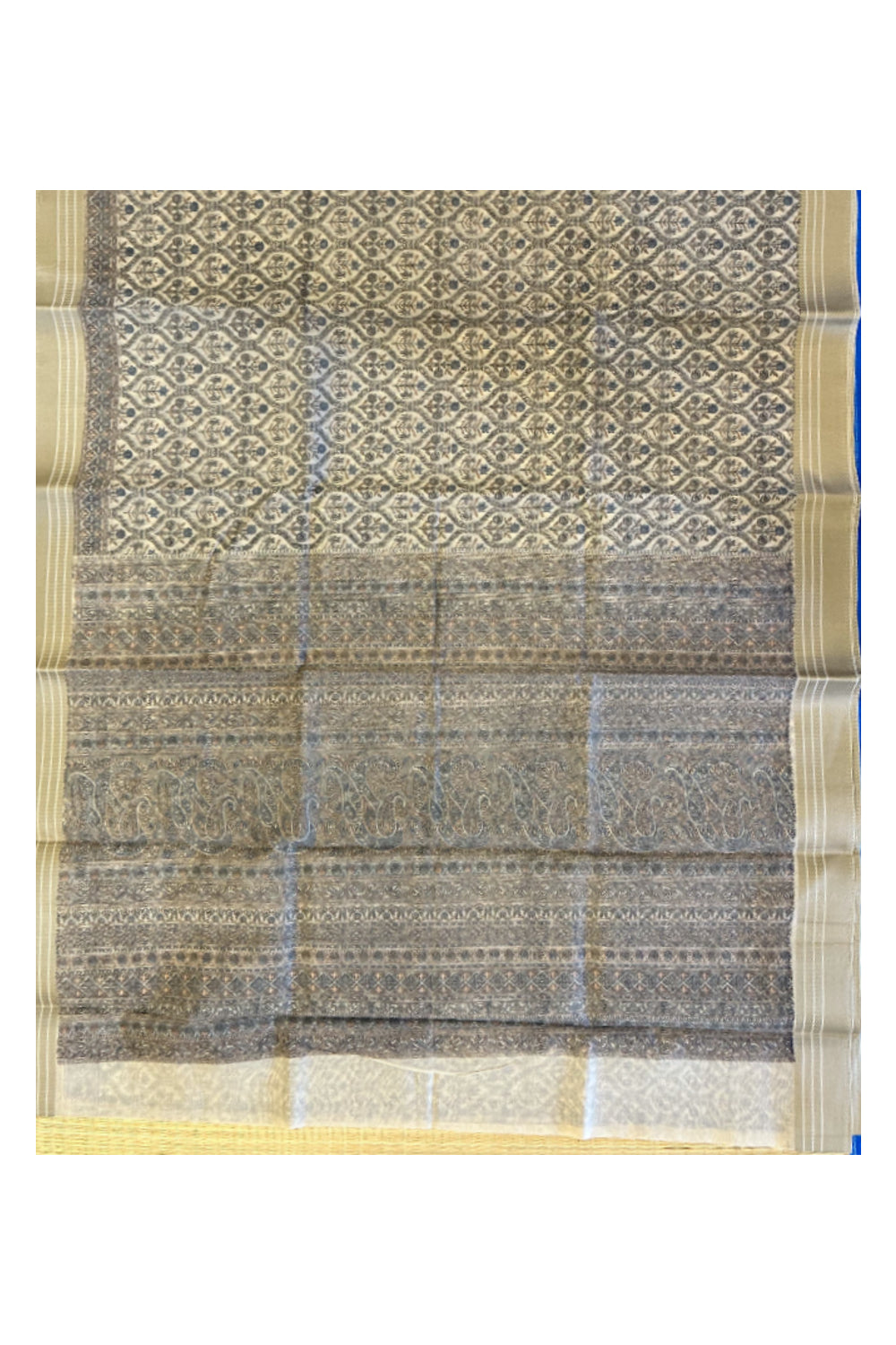 Southloom Chanderi Saree with Blue Floral Prints in Light Brown