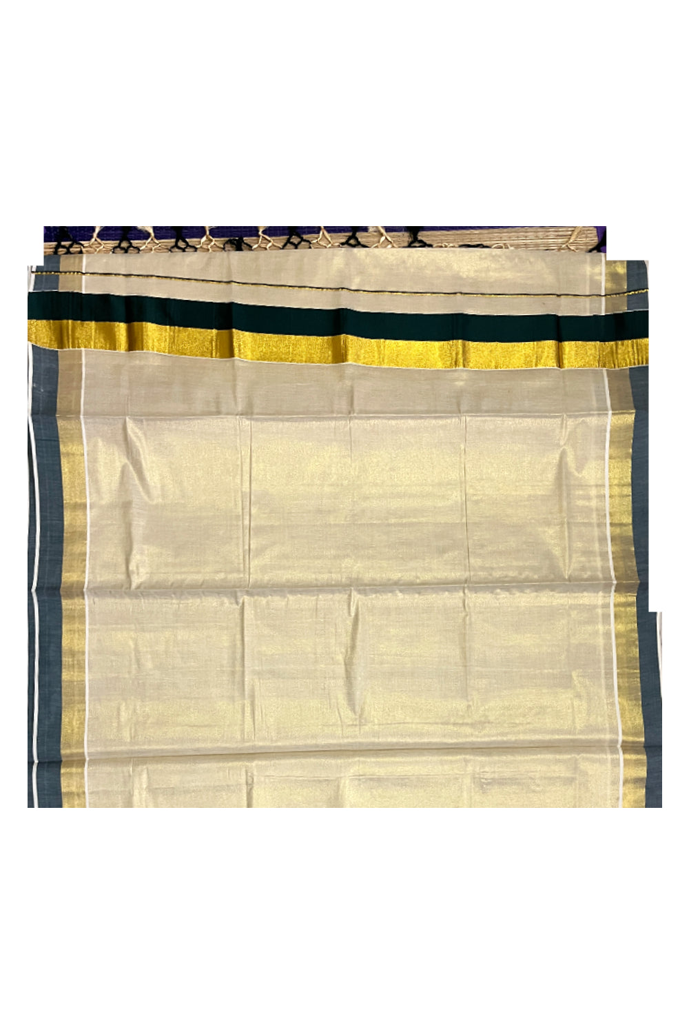 Kerala Tissue Kasavu Plain Saree with Kasavu and Green Border