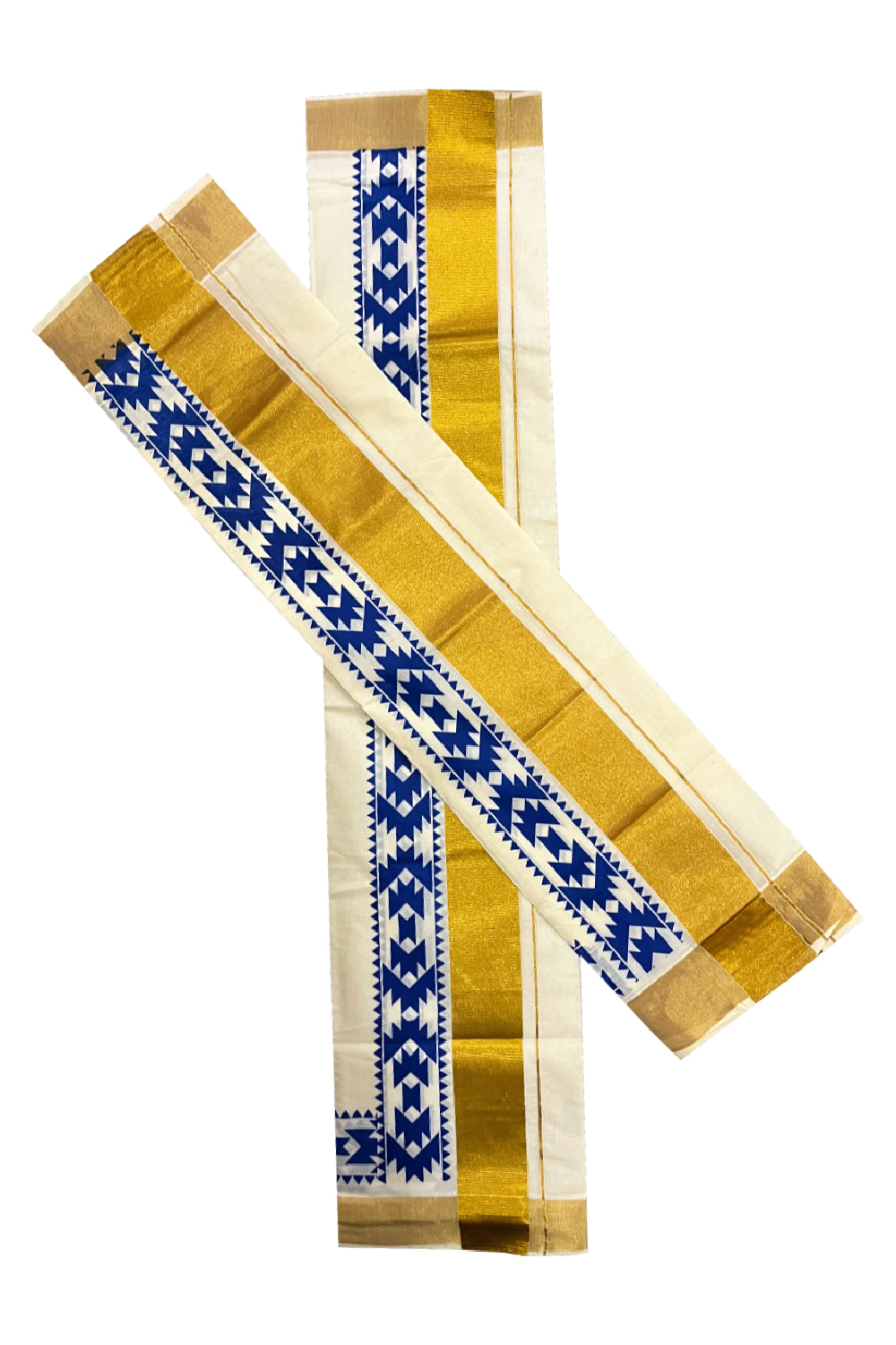 Pure Cotton Kerala Single Set Mundu (Mundum Neriyathum) with Blue Block Printed Kasavu Border