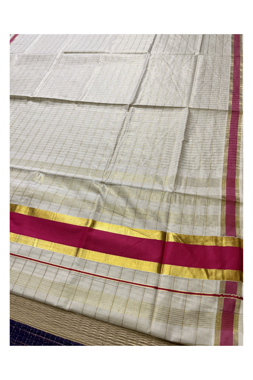 Kerala Pure Cotton Kasavu Check Designs Saree with Pinkish Magenta Border