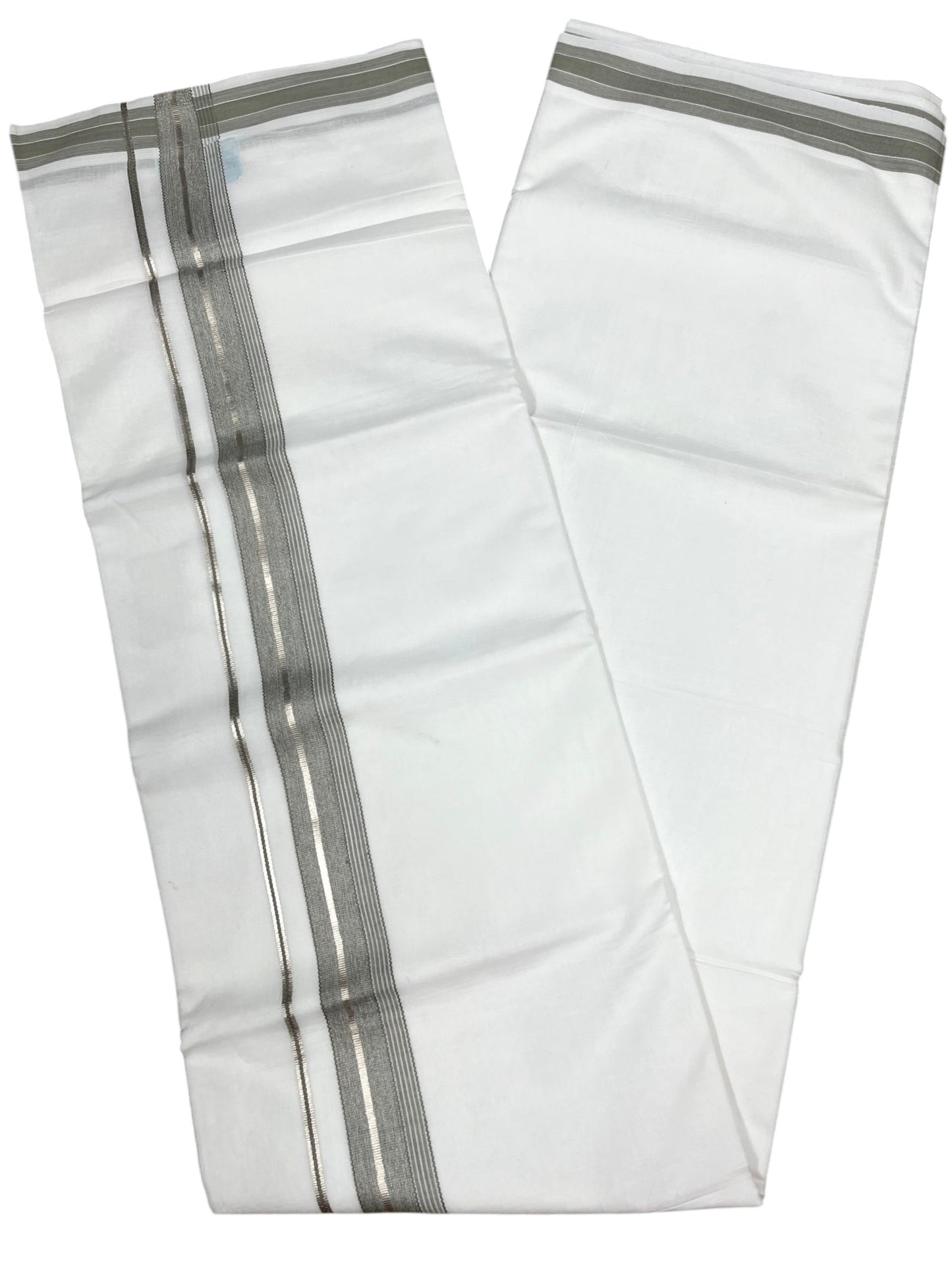 Southloom Kerala Pure White Cotton Double Mundu with Silver Line & Olive Green Border (South Indian Dhoti)