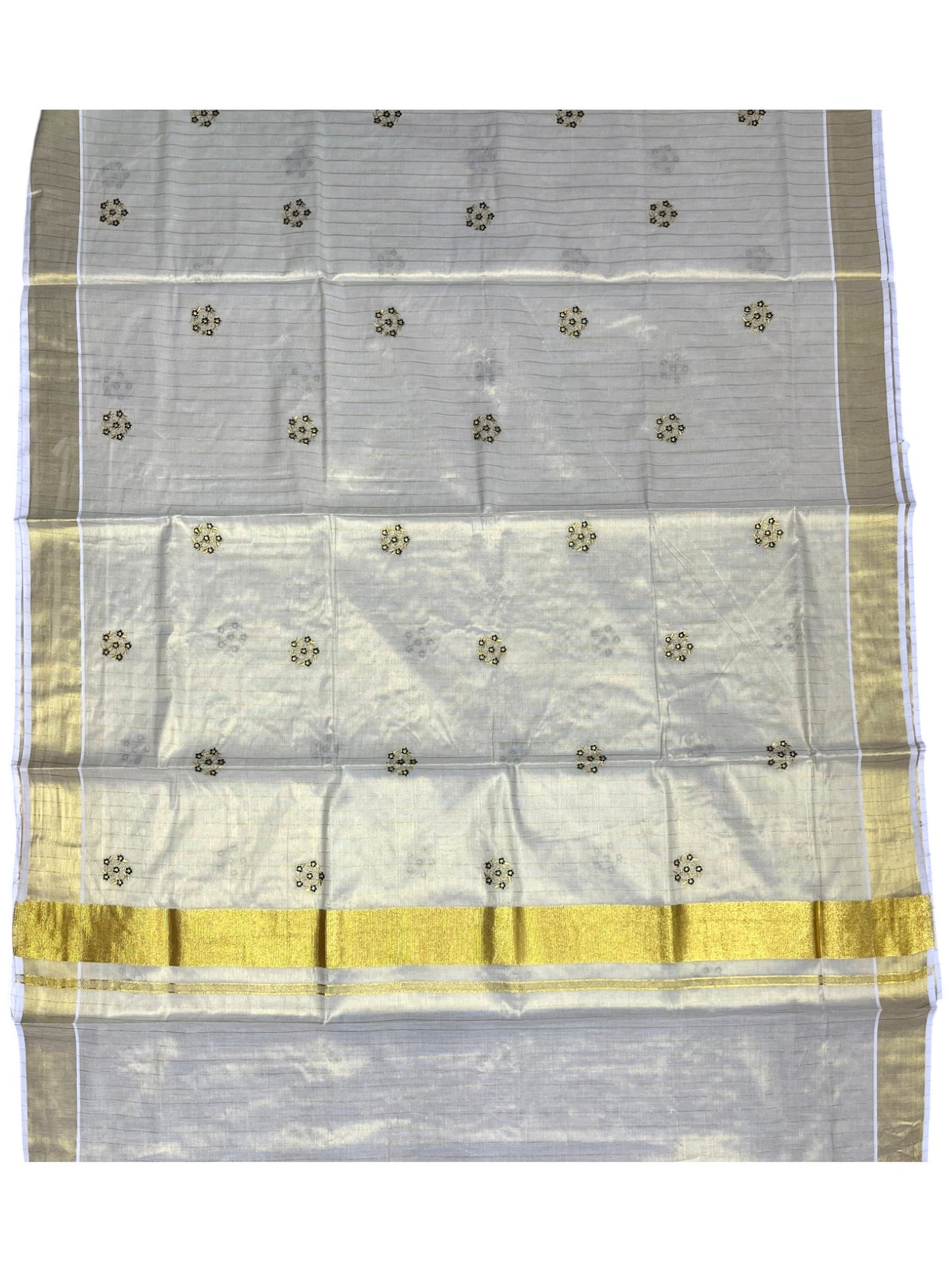 Southloom Kerala Tissue Kasavu Lines Saree with Blue Floral Embroidery Design on Body