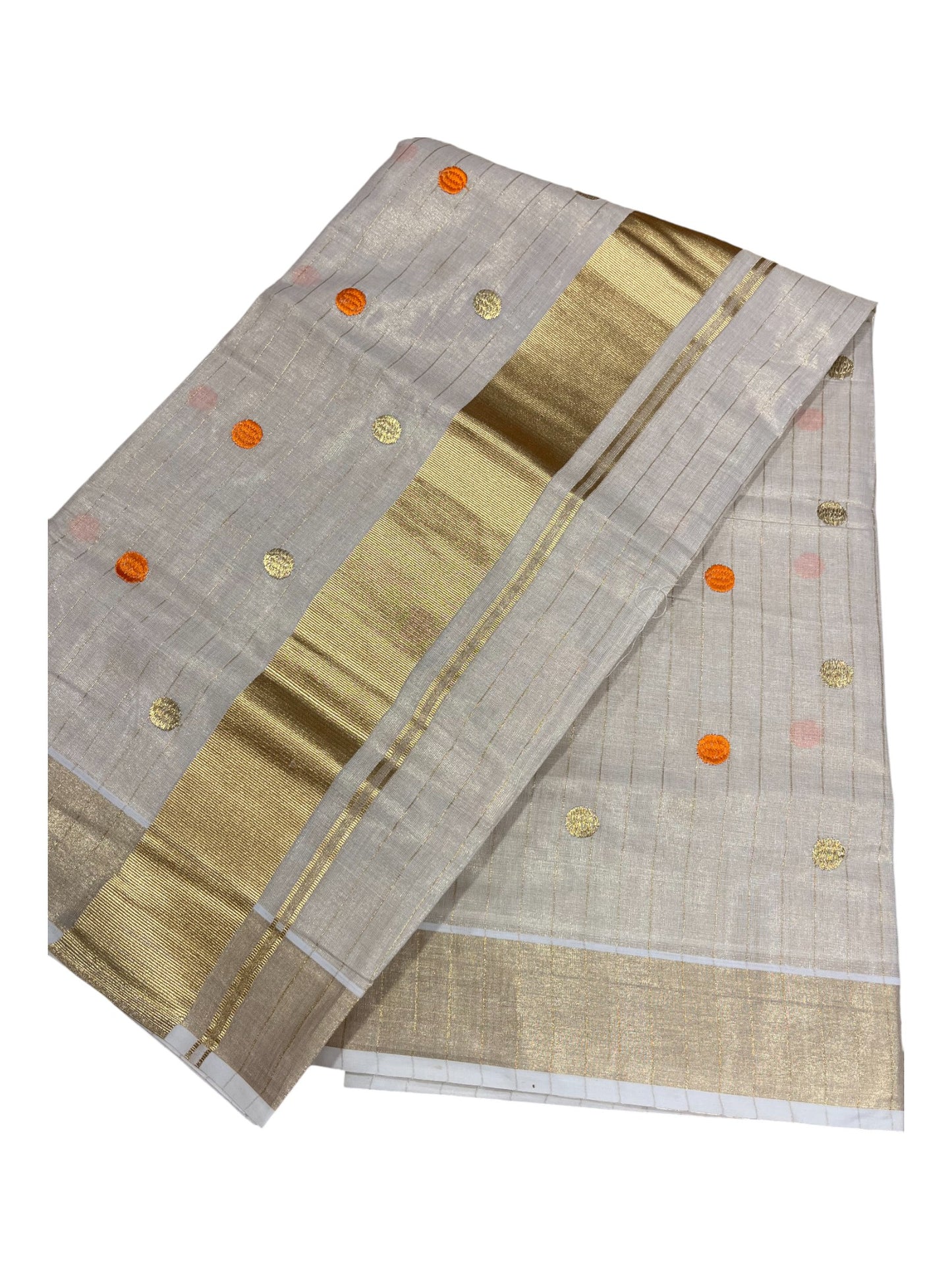 Southloom Kerala Tissue Kasavu Saree with Gold& Orange Polka Embroidery Works on Body