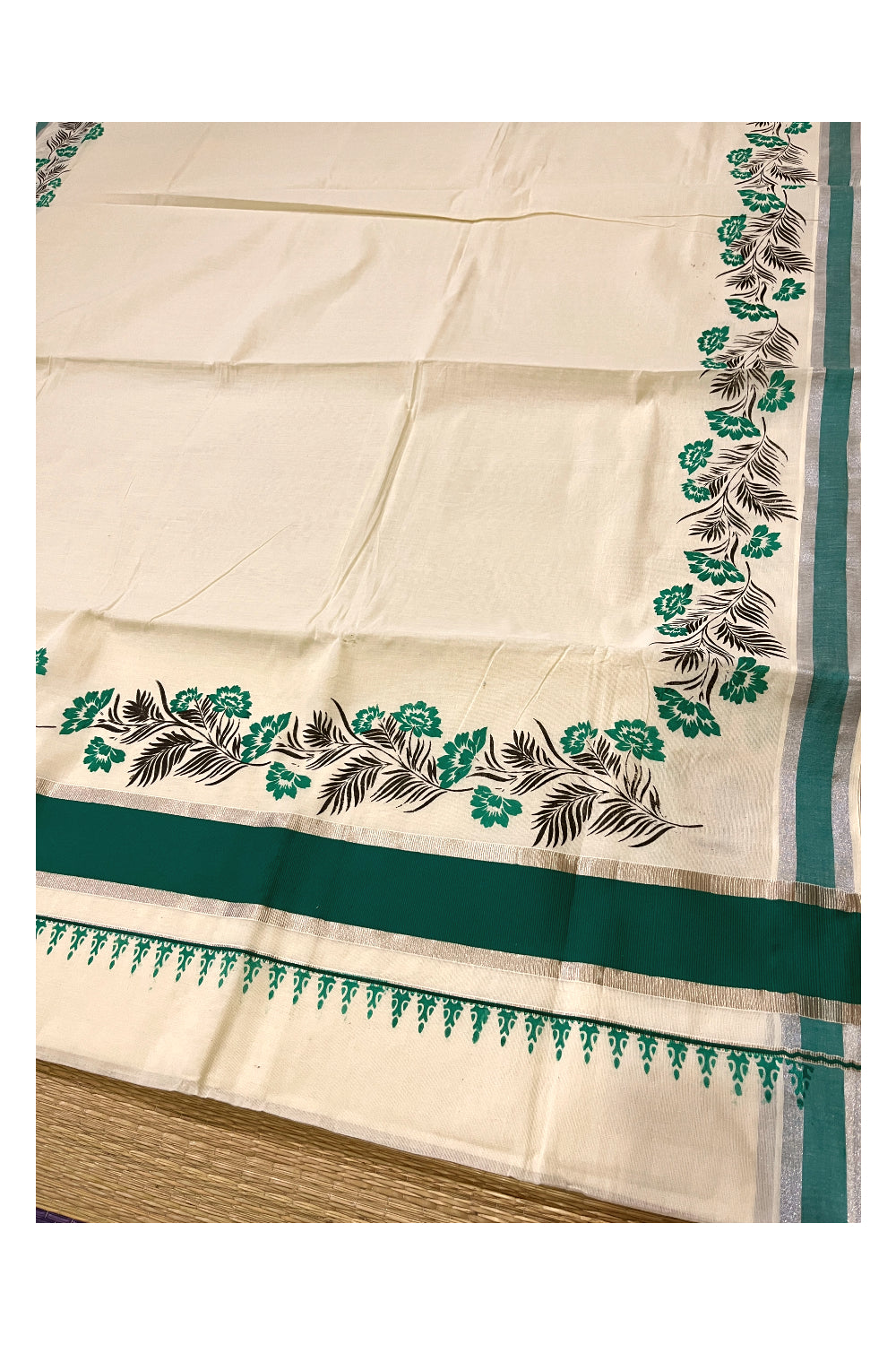 Pure Cotton Kerala Saree with Green Black Floral Block Prints and Silver Green Border